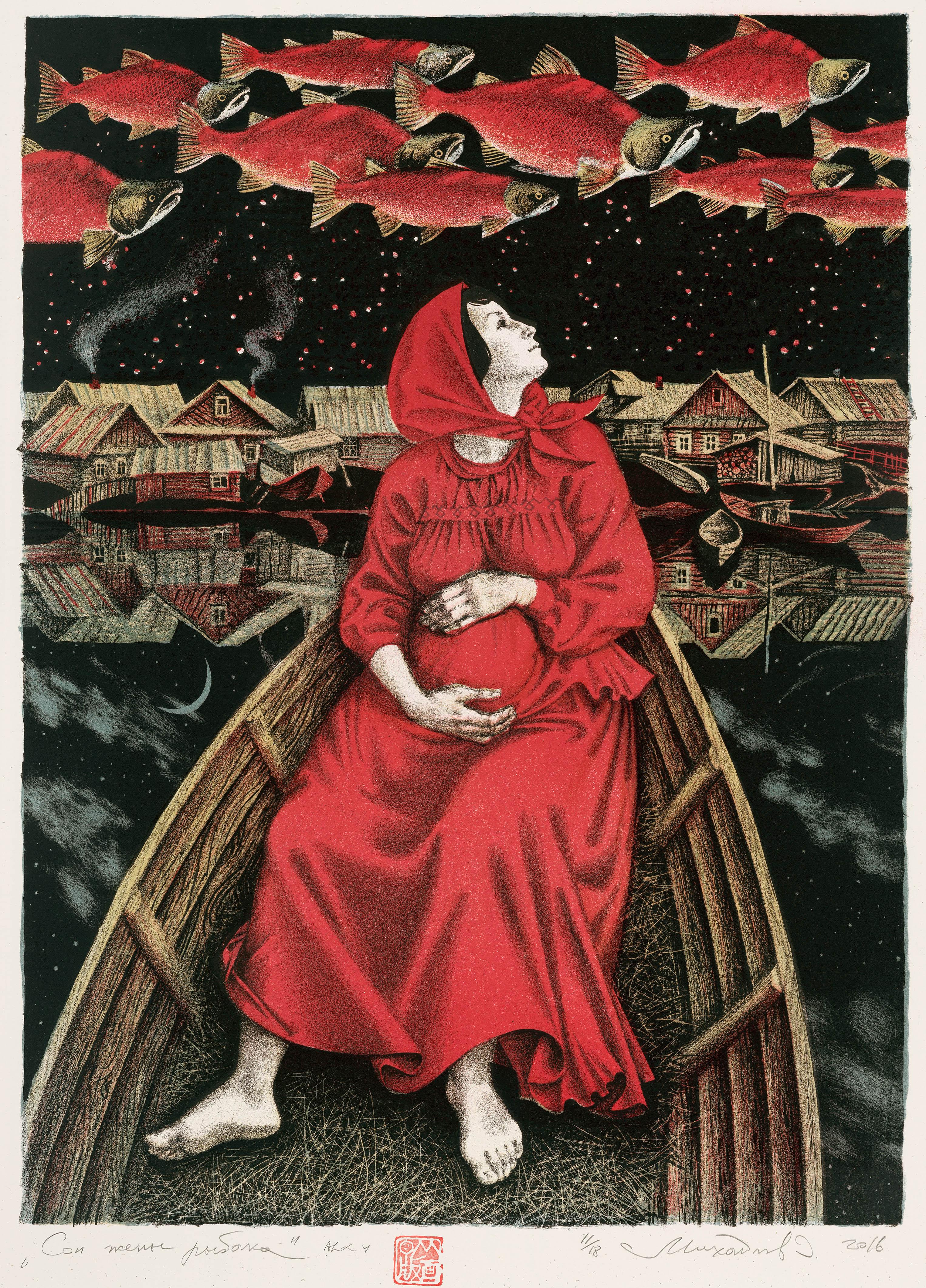 The fisherman's wife dreams. Original modern art painting