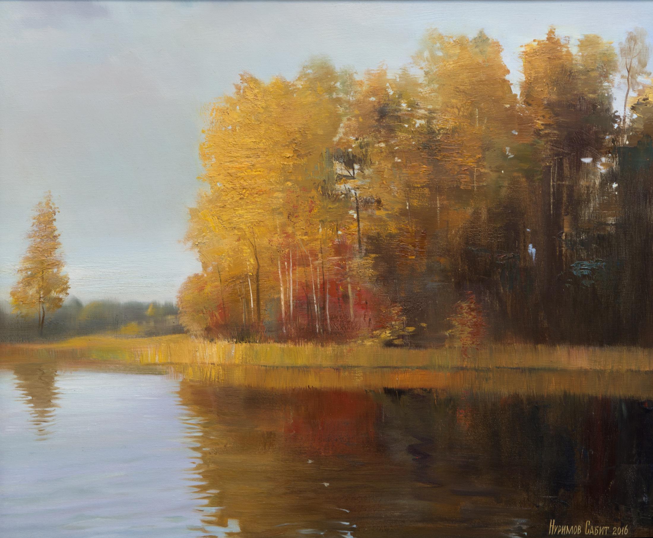 Autumn Ale lake. Original modern art painting