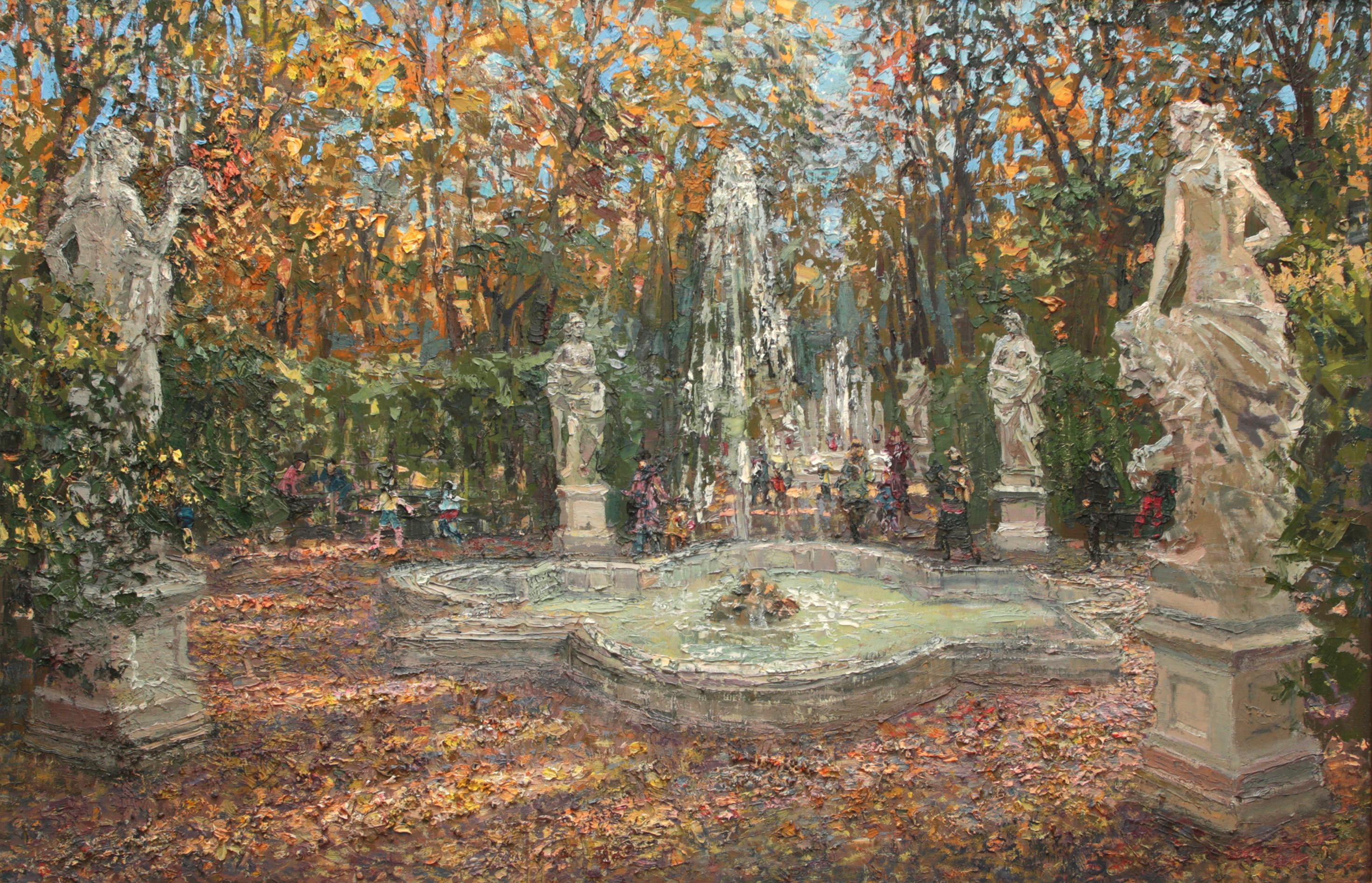 Autumn in Summer garden. Original modern art painting