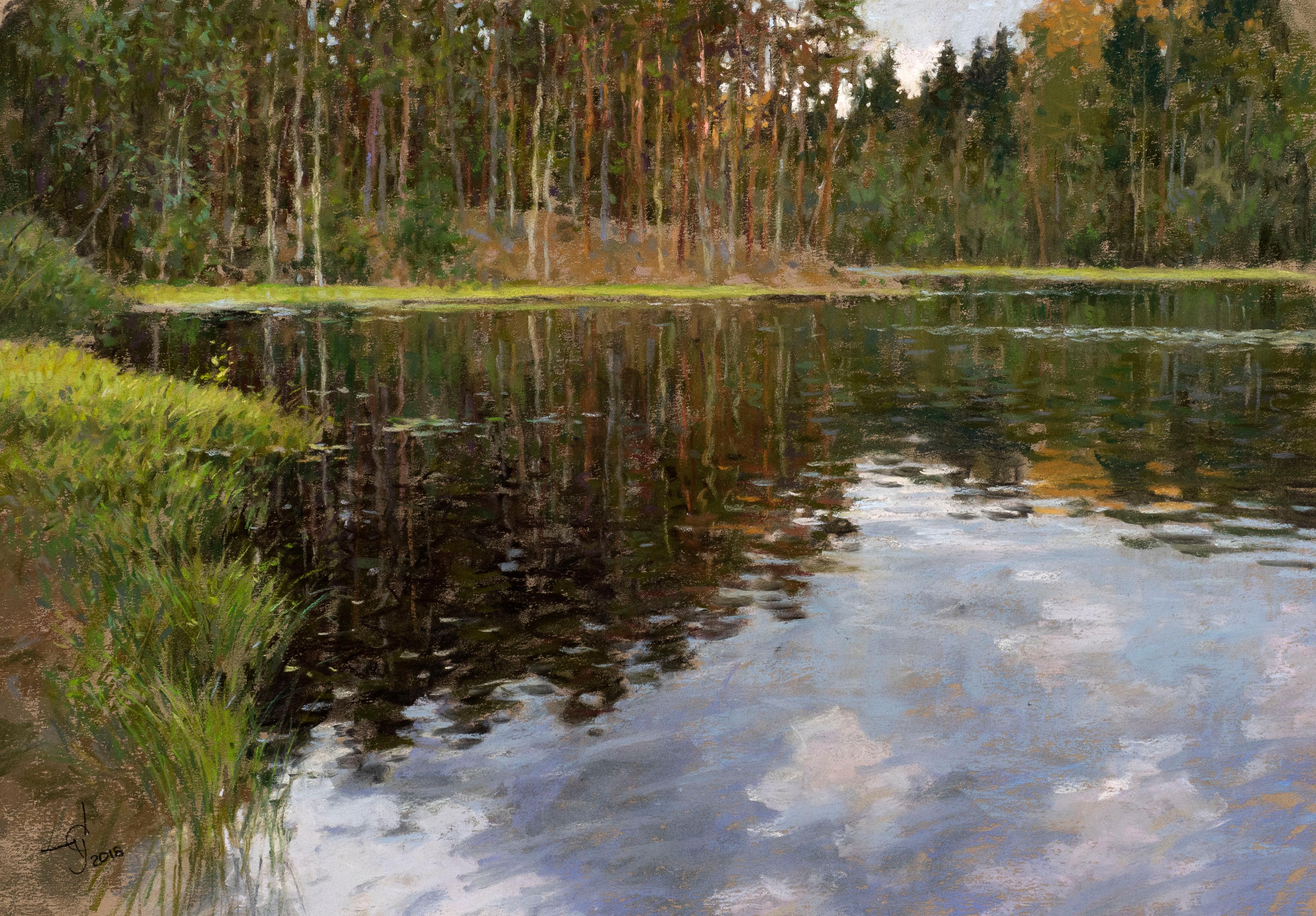 Forest lake . Original modern art painting
