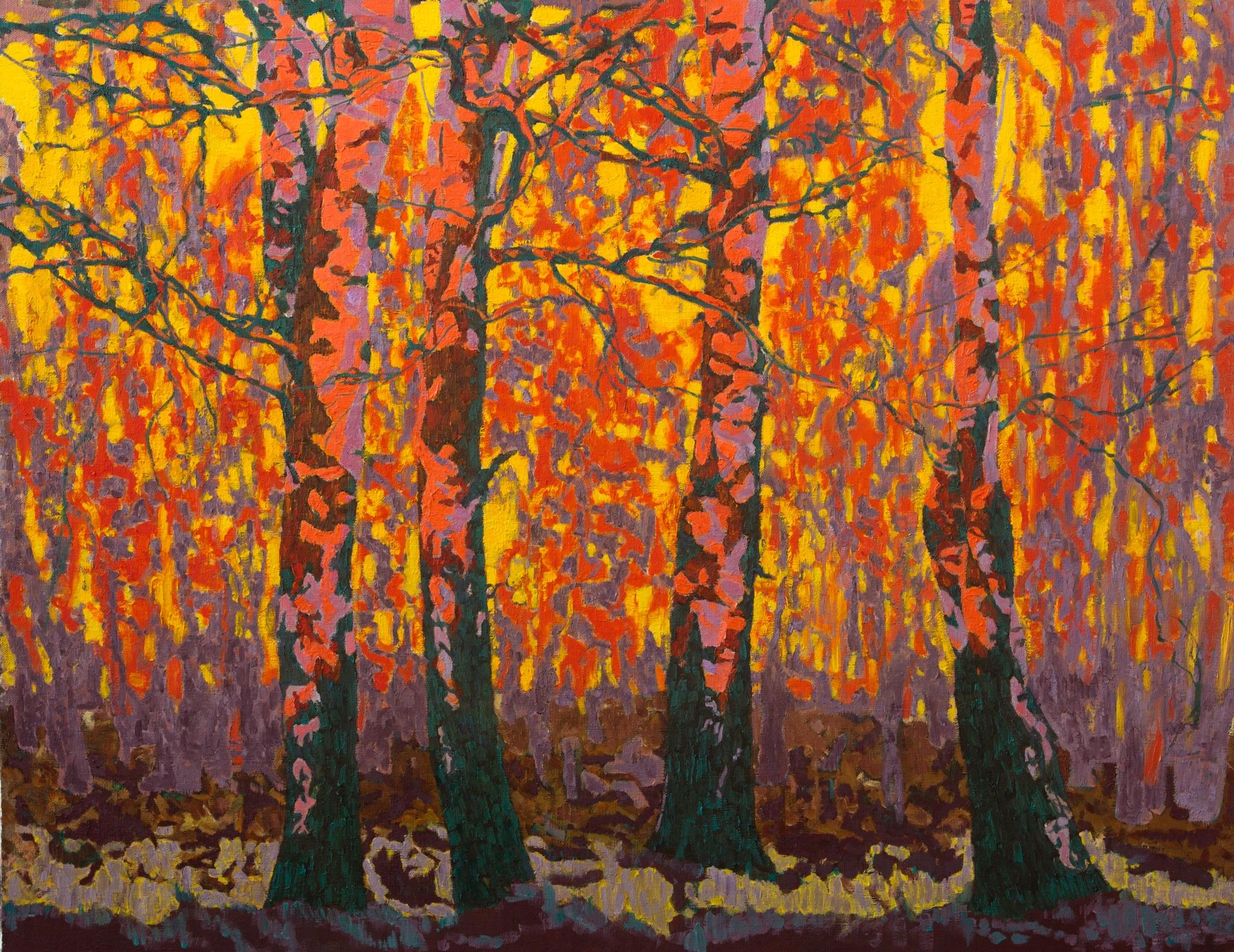 Forest sunset. Original modern art painting