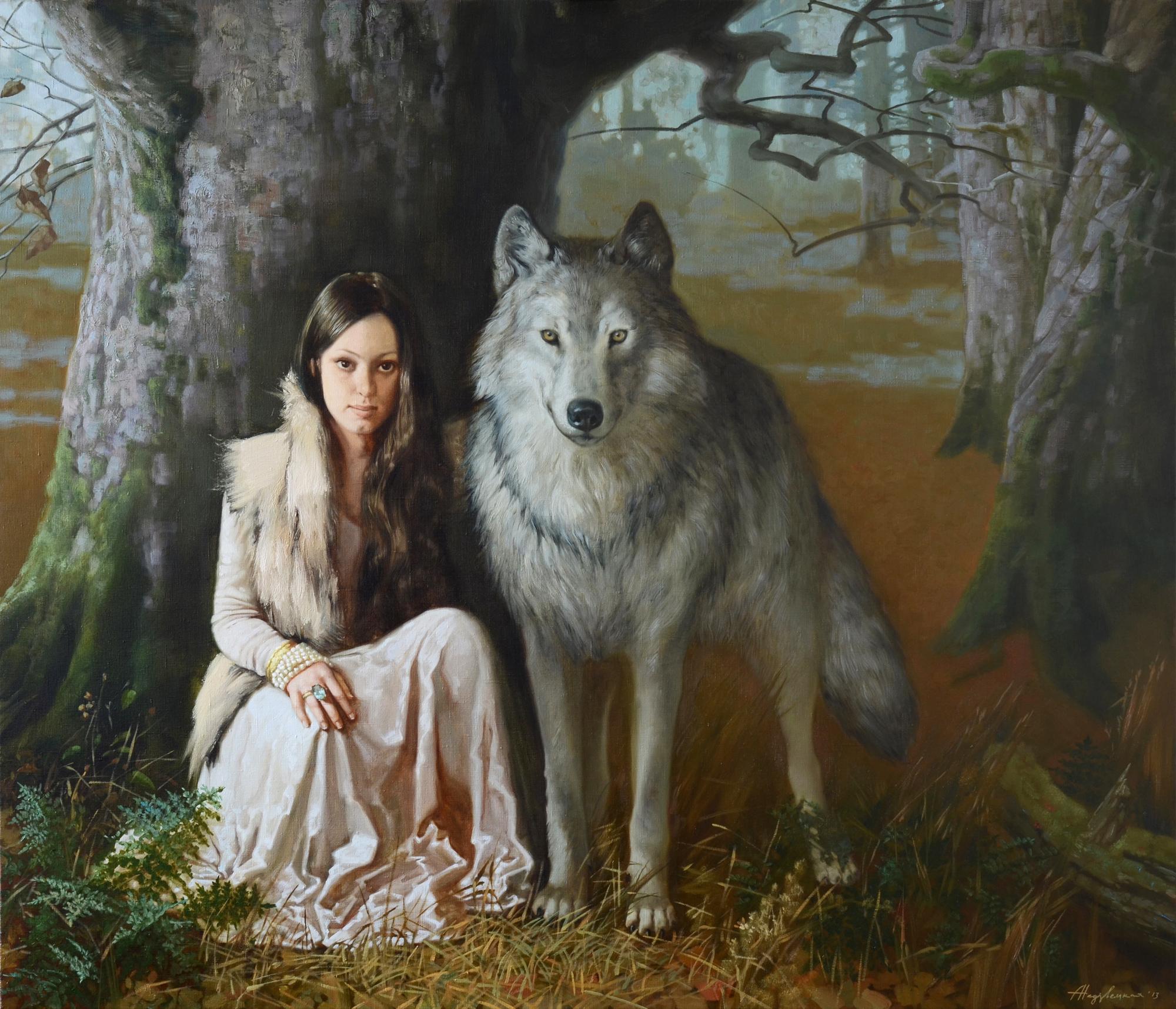 Vasilisa and a wolf. Original modern art painting
