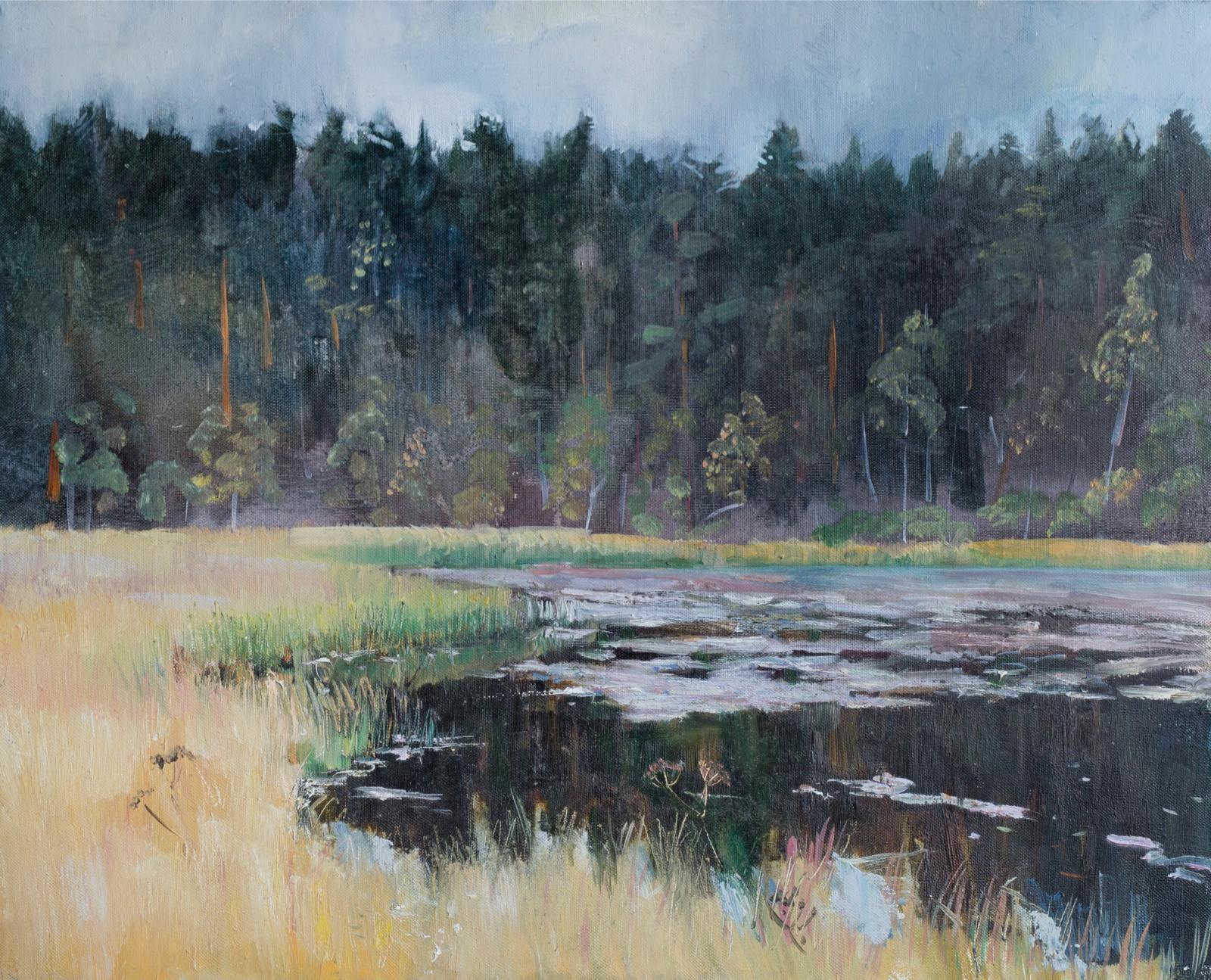 Kannelijarvy. plant-filled pond. Original modern art painting