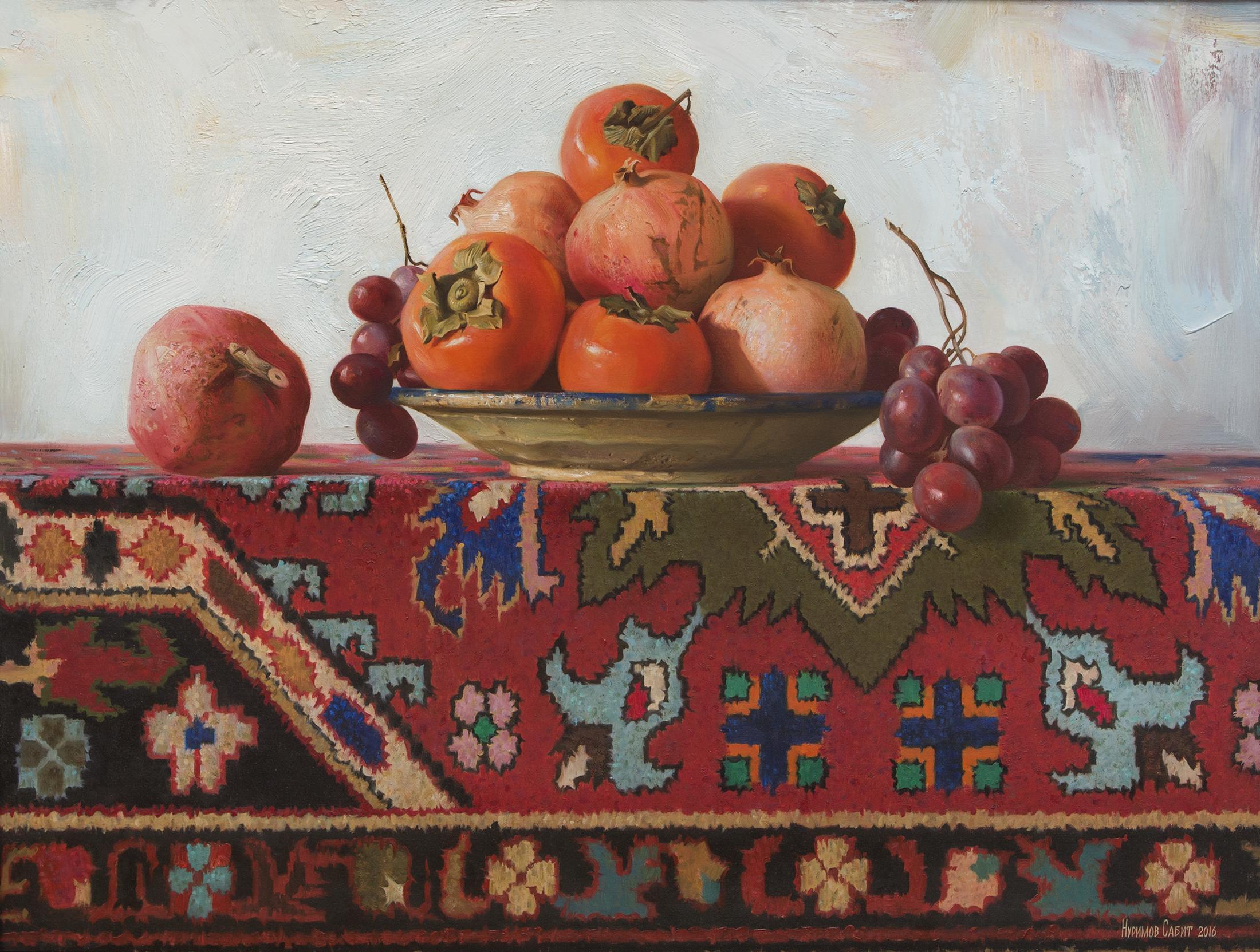 Persimmons and pomegranates on the carpet. Original modern art painting