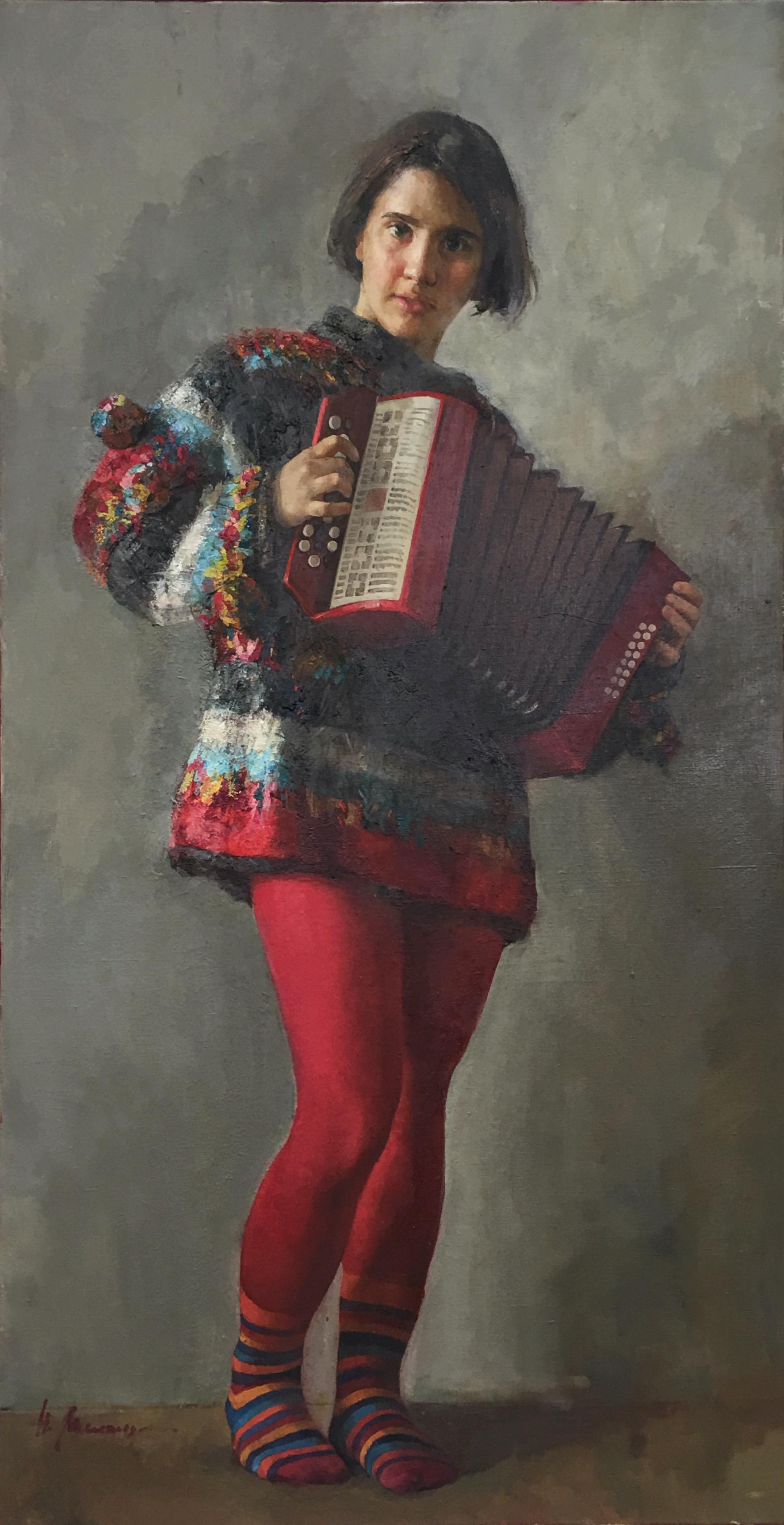 Anna-accordionist. Original modern art painting