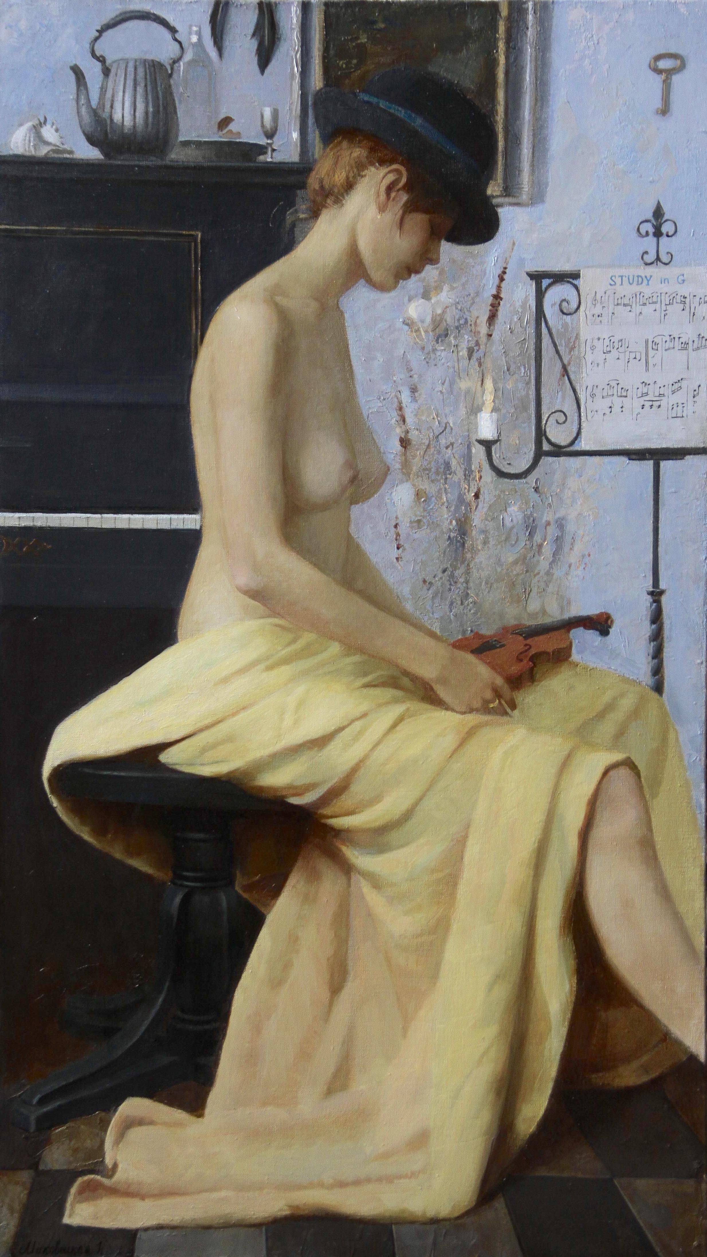 Girl with violin. Original modern art painting