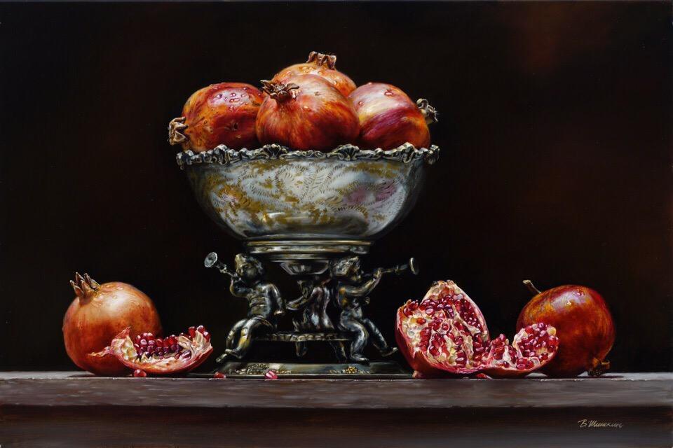 Pomegranates in the antique vase. Original modern art painting
