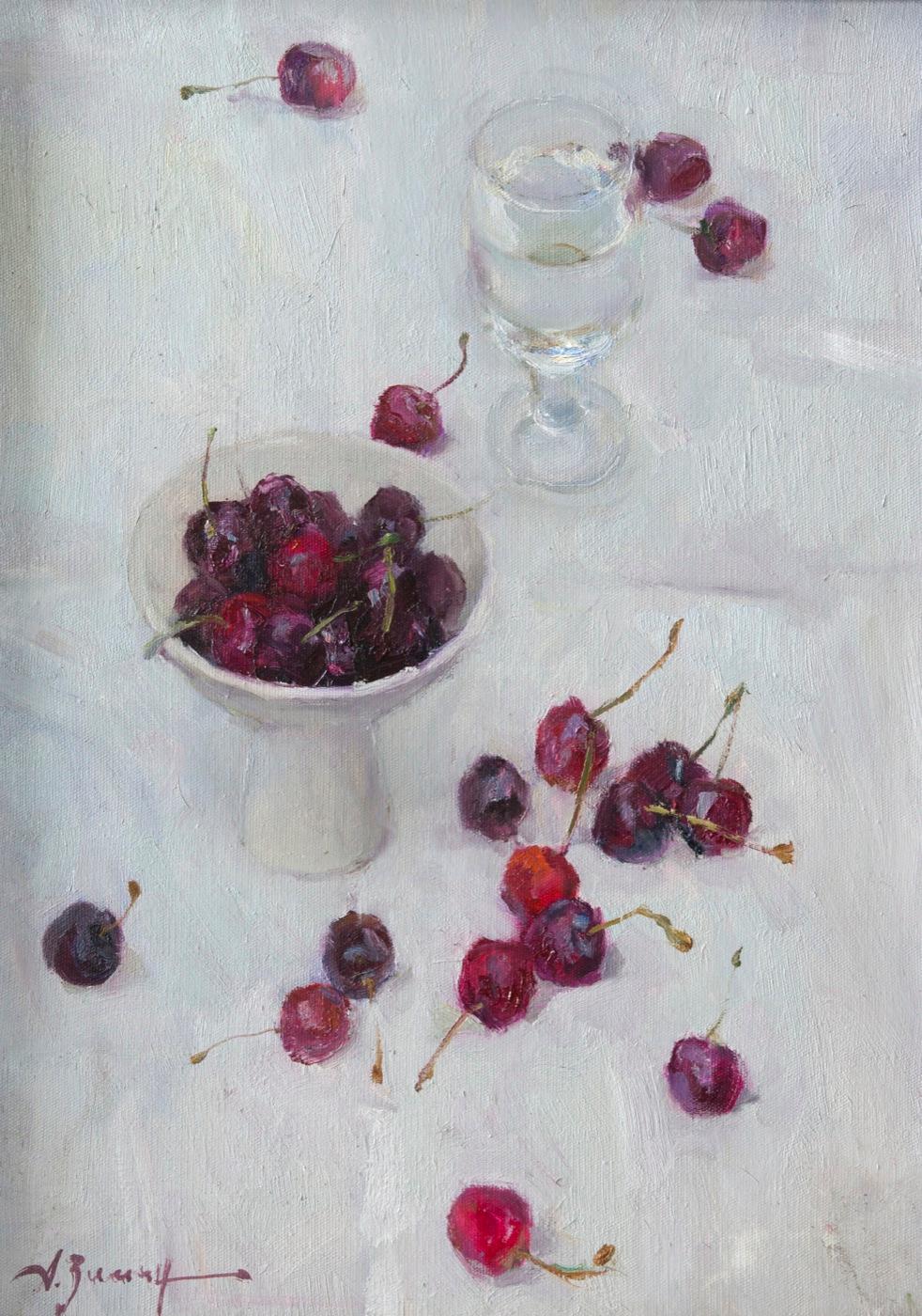 Sweet cherry on a white tablecloth. Original modern art painting