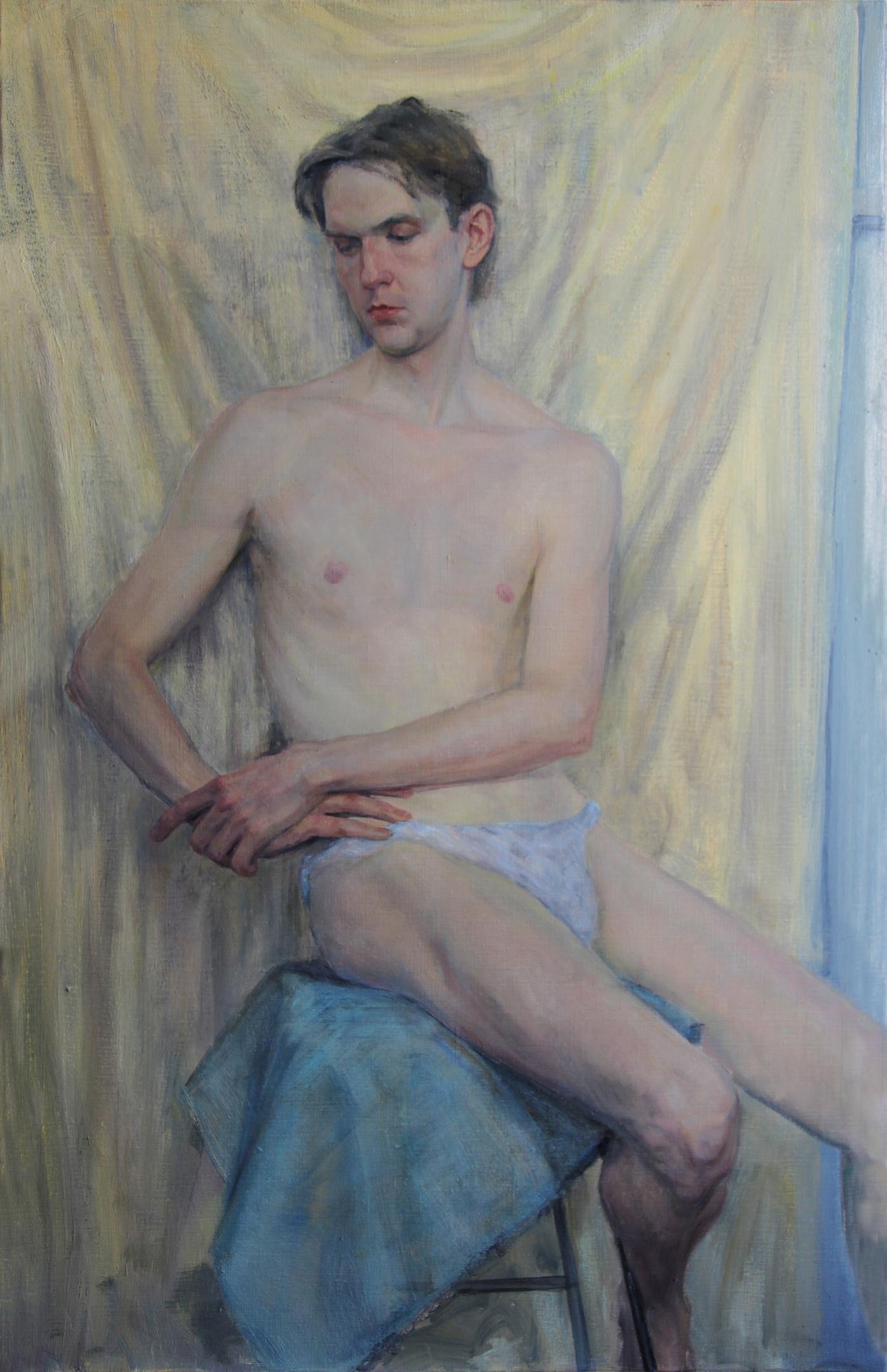 Seated naked young man on a golden-silver background. 2018. Original modern art painting