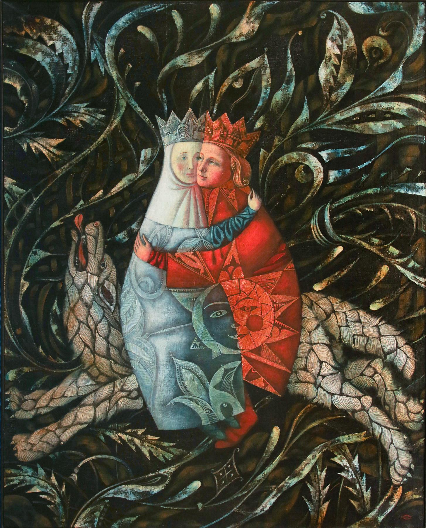 Ivan and Elena on grey wolf. Original modern art painting