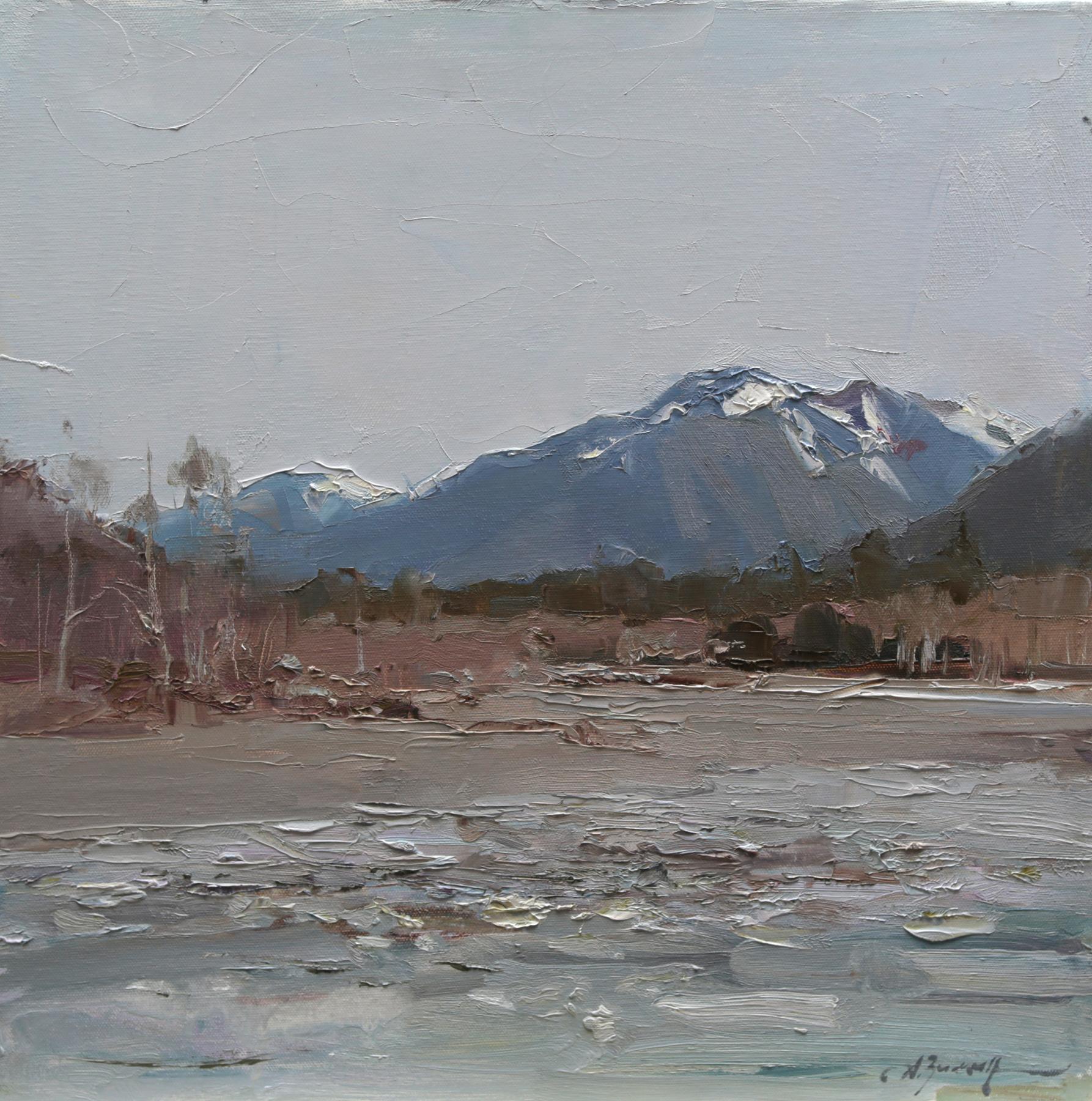 Mountain lake. Original modern art painting