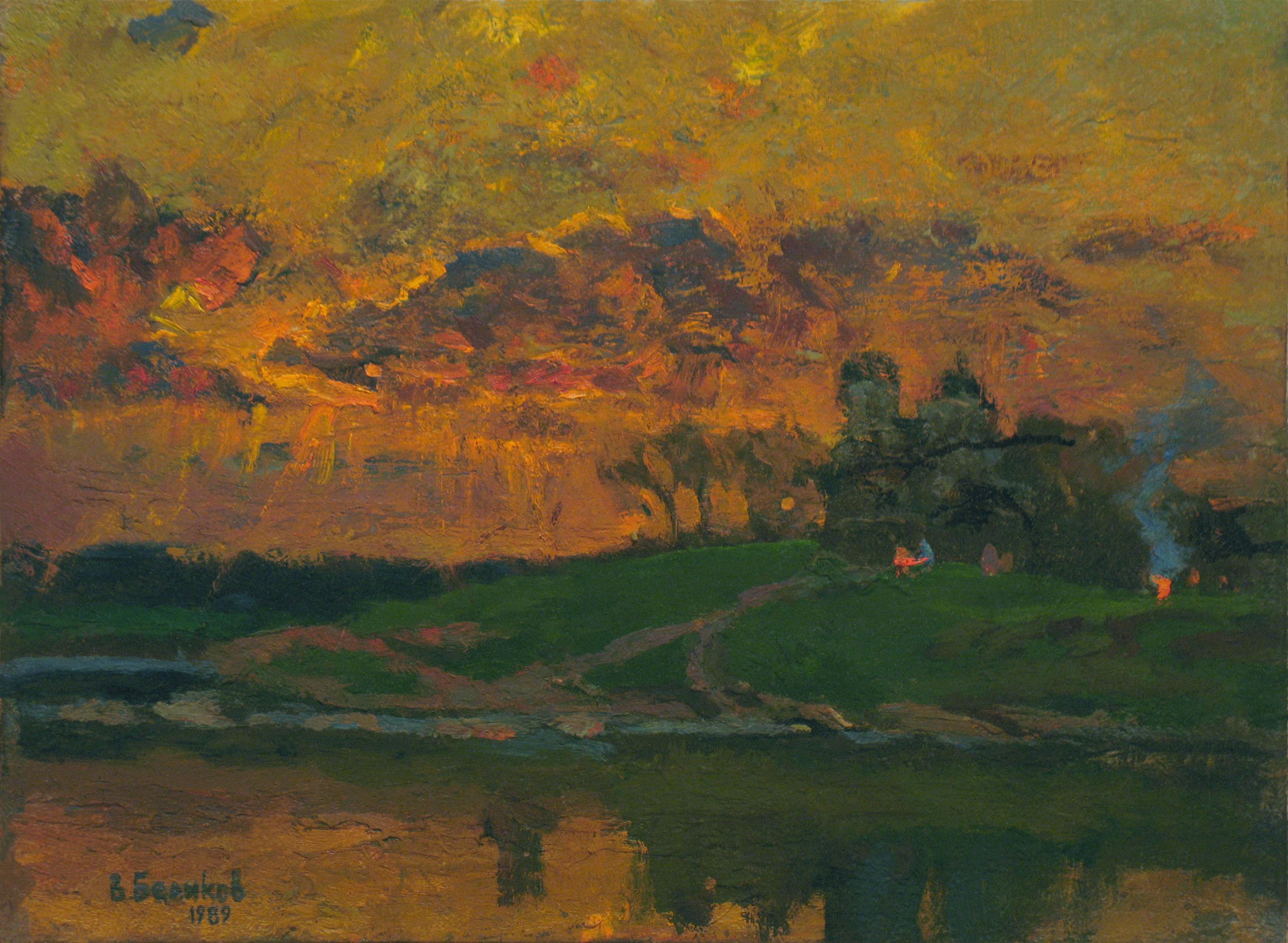Fires across the river. Original modern art painting