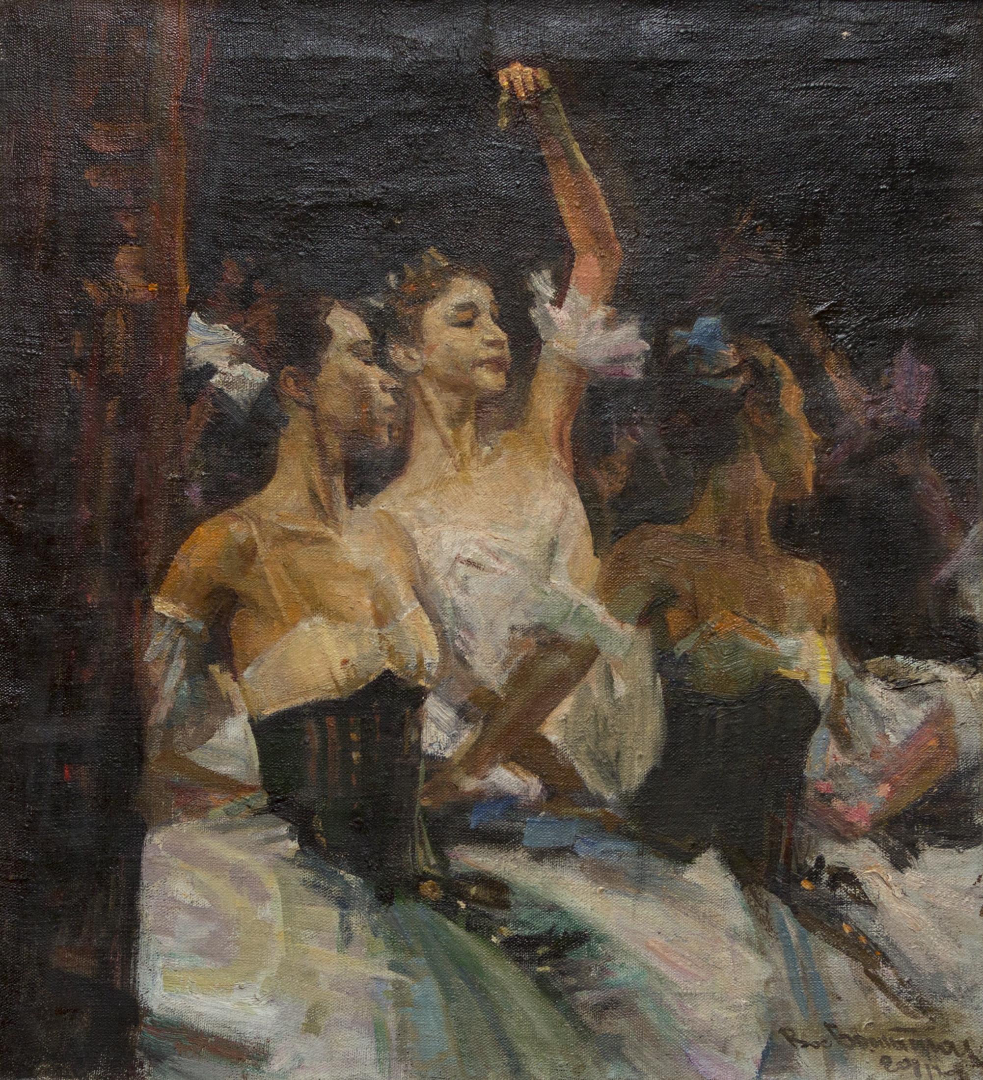 на сцене. Перед танцем Ю. Зайцева, О. Шестакова, В. Ефимова.. Original modern art painting