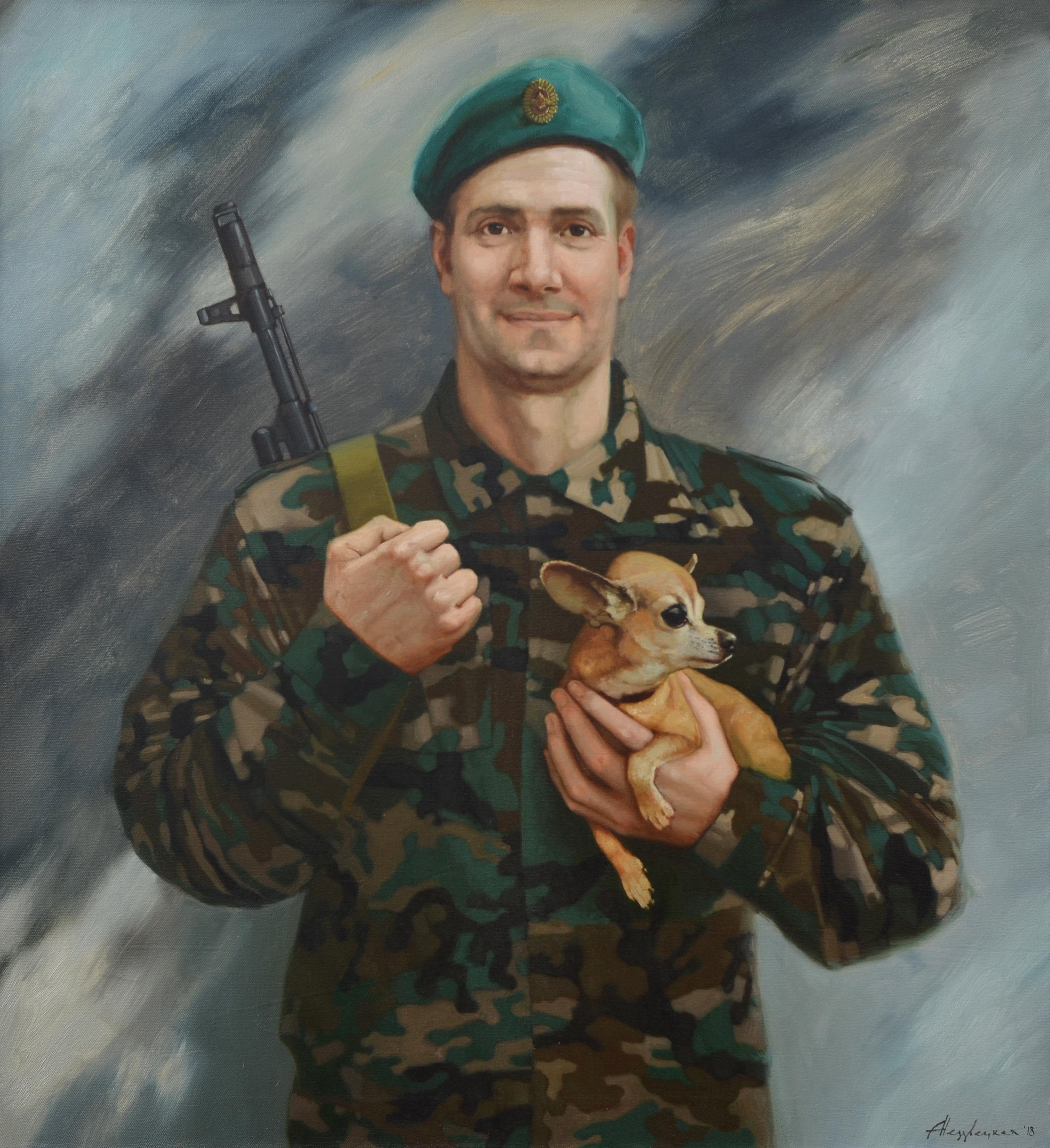 Border guard with a dog. Original modern art painting