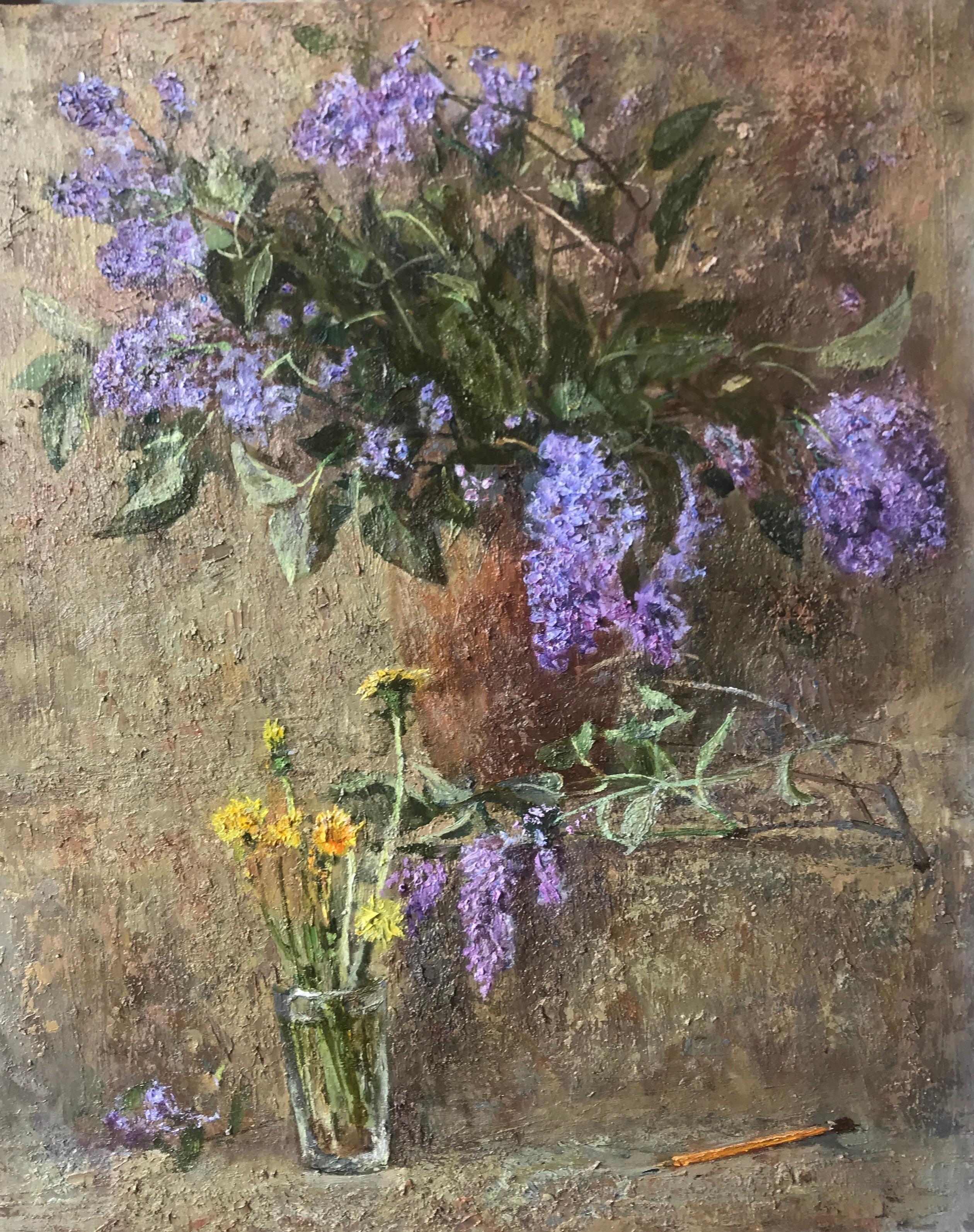 lilac and dandelions . Original modern art painting