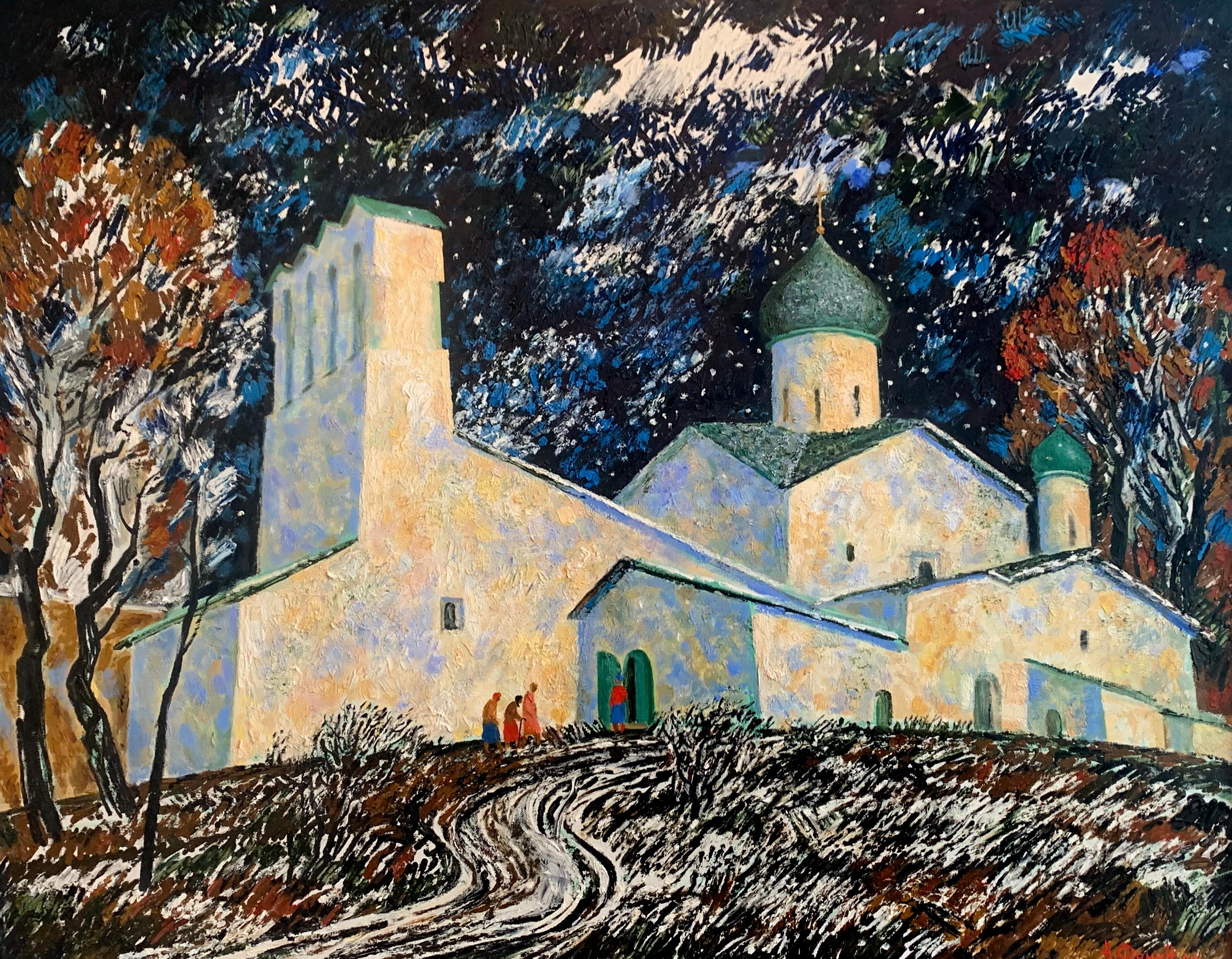 Church of the Epiphany. First snow. Original modern art painting