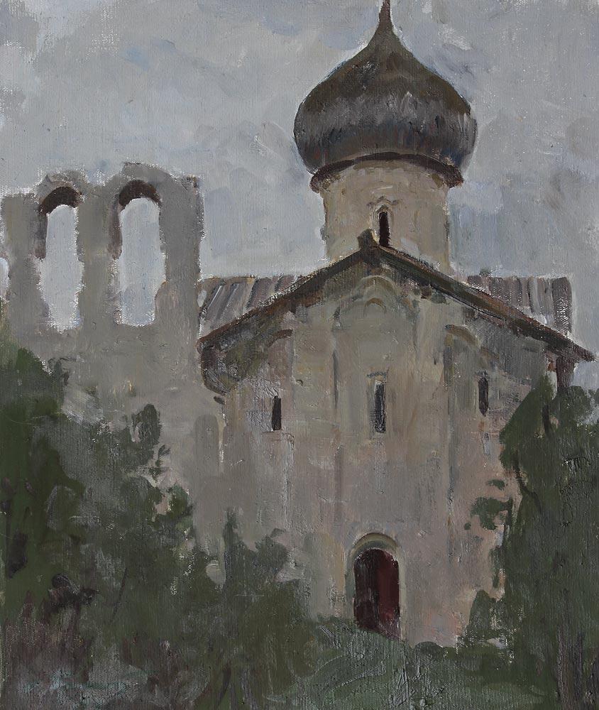 St. Ilya church in Vybuty. Original modern art painting
