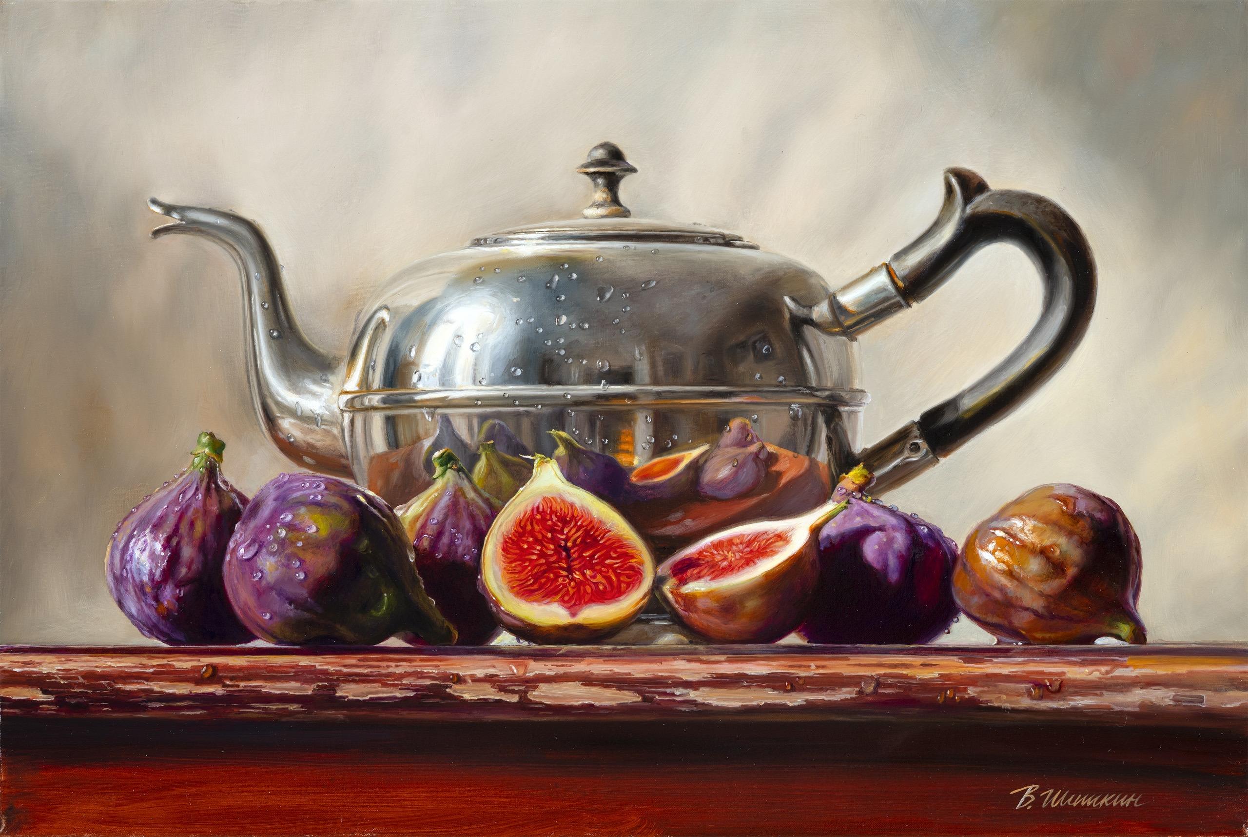 Kettle and figs. Original modern art painting