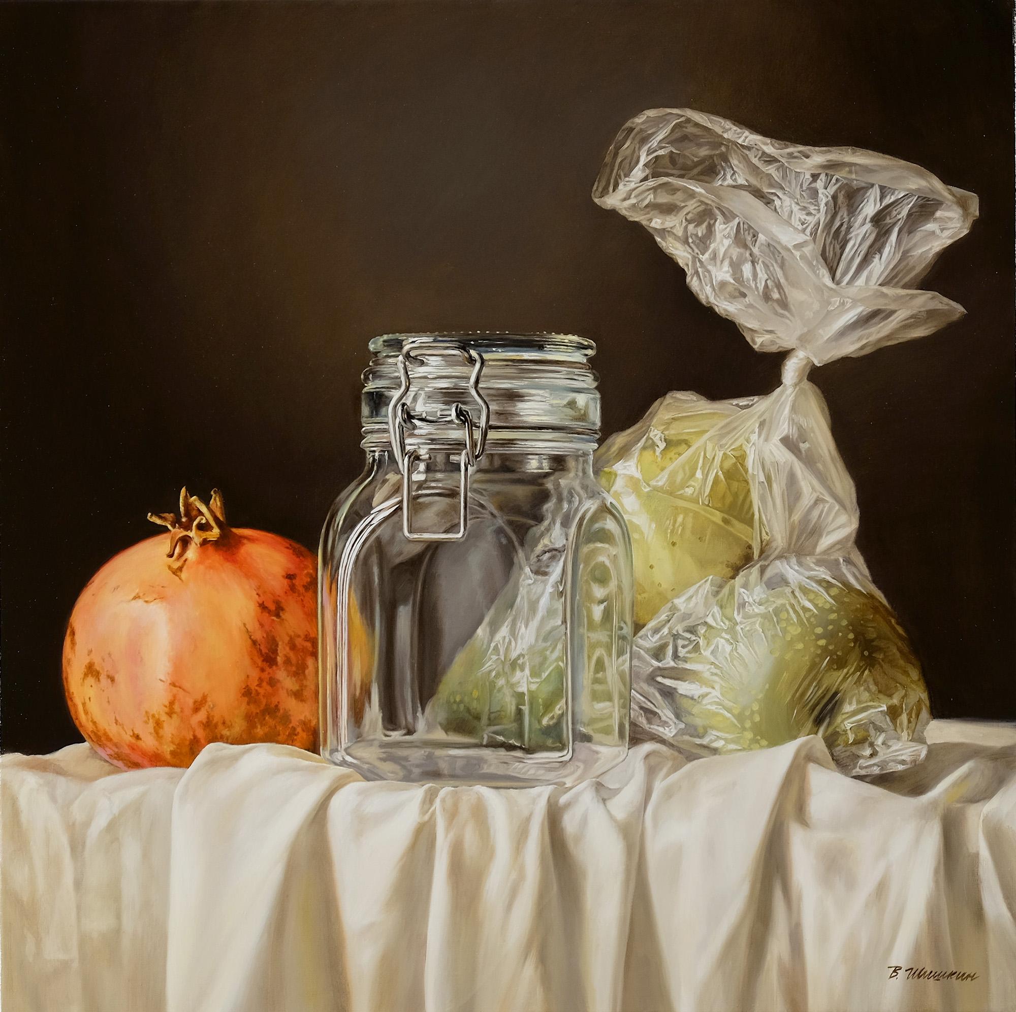 Still life with glass jar. Original modern art painting