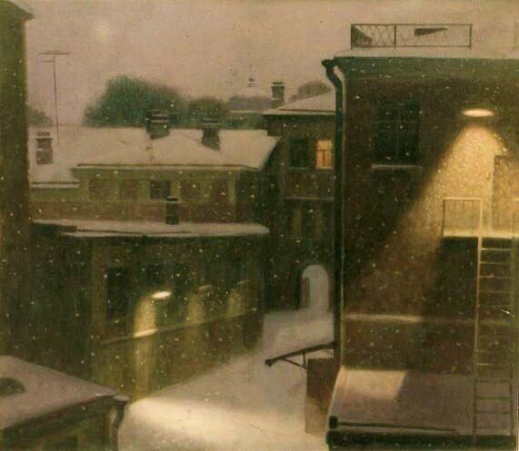Вечерний дворик в снегу. Original modern art painting