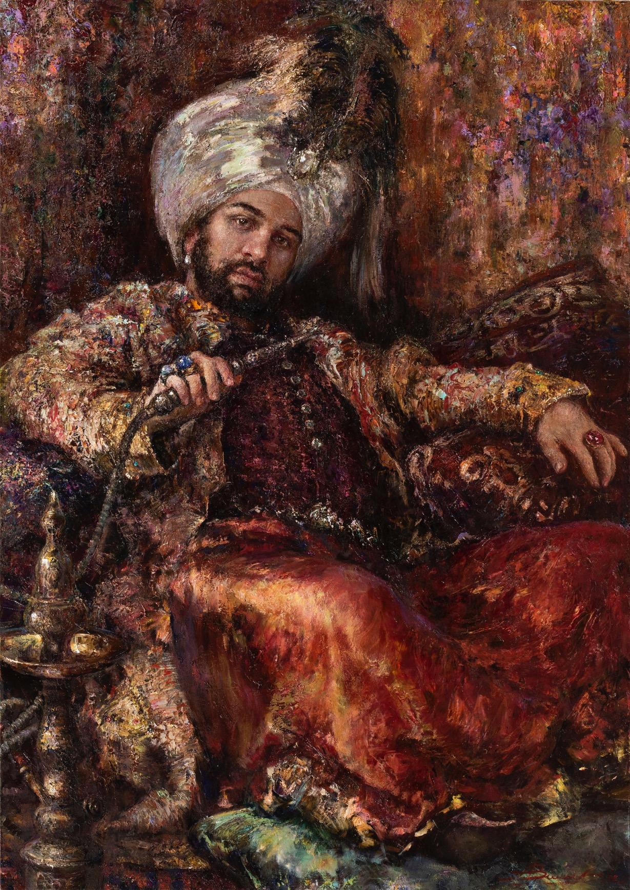 A man with a hookah. Original modern art painting