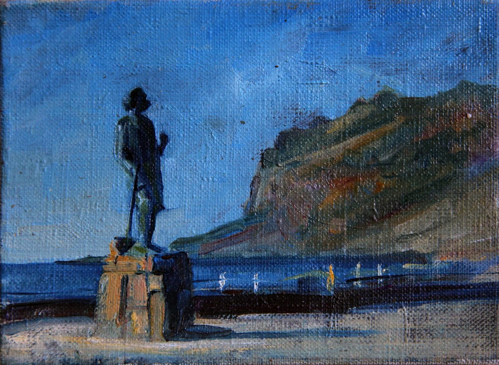 Monument to Maximilian Voloshin on the embankment in Koktebel. 2019. Original modern art painting