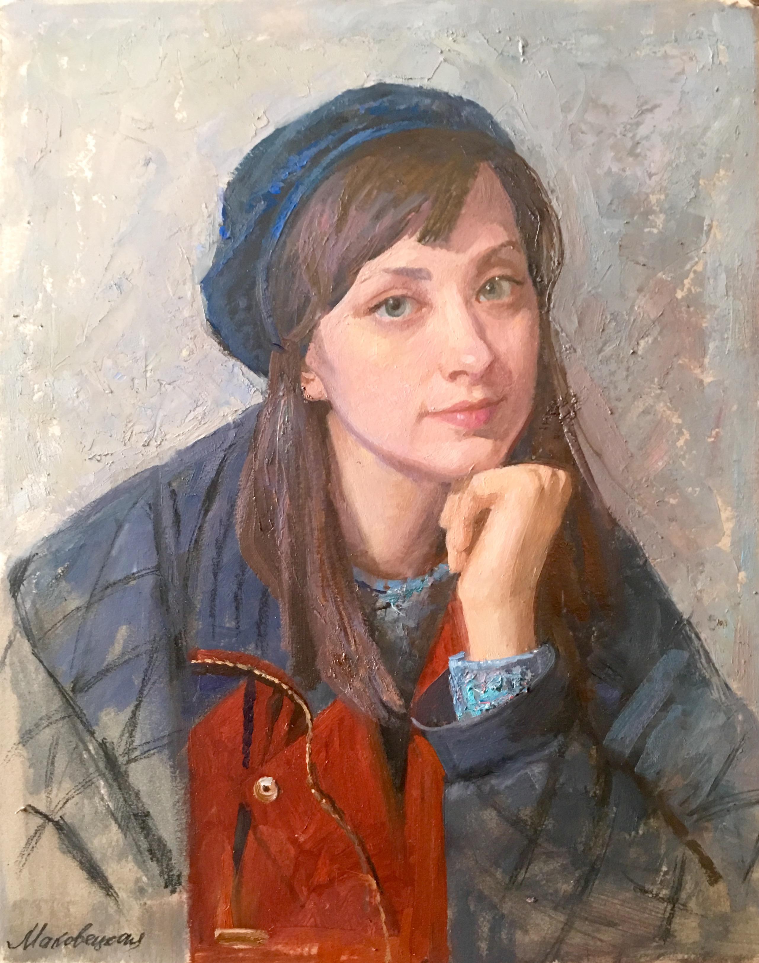 Portrait of a girl in blue beret. Original modern art painting