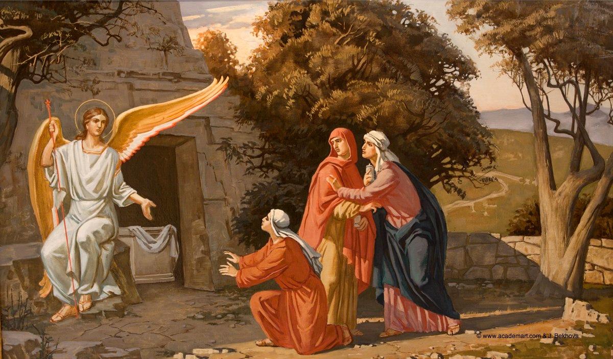 Myrrhbearing Women at the Tomb of Christ. Original modern art painting