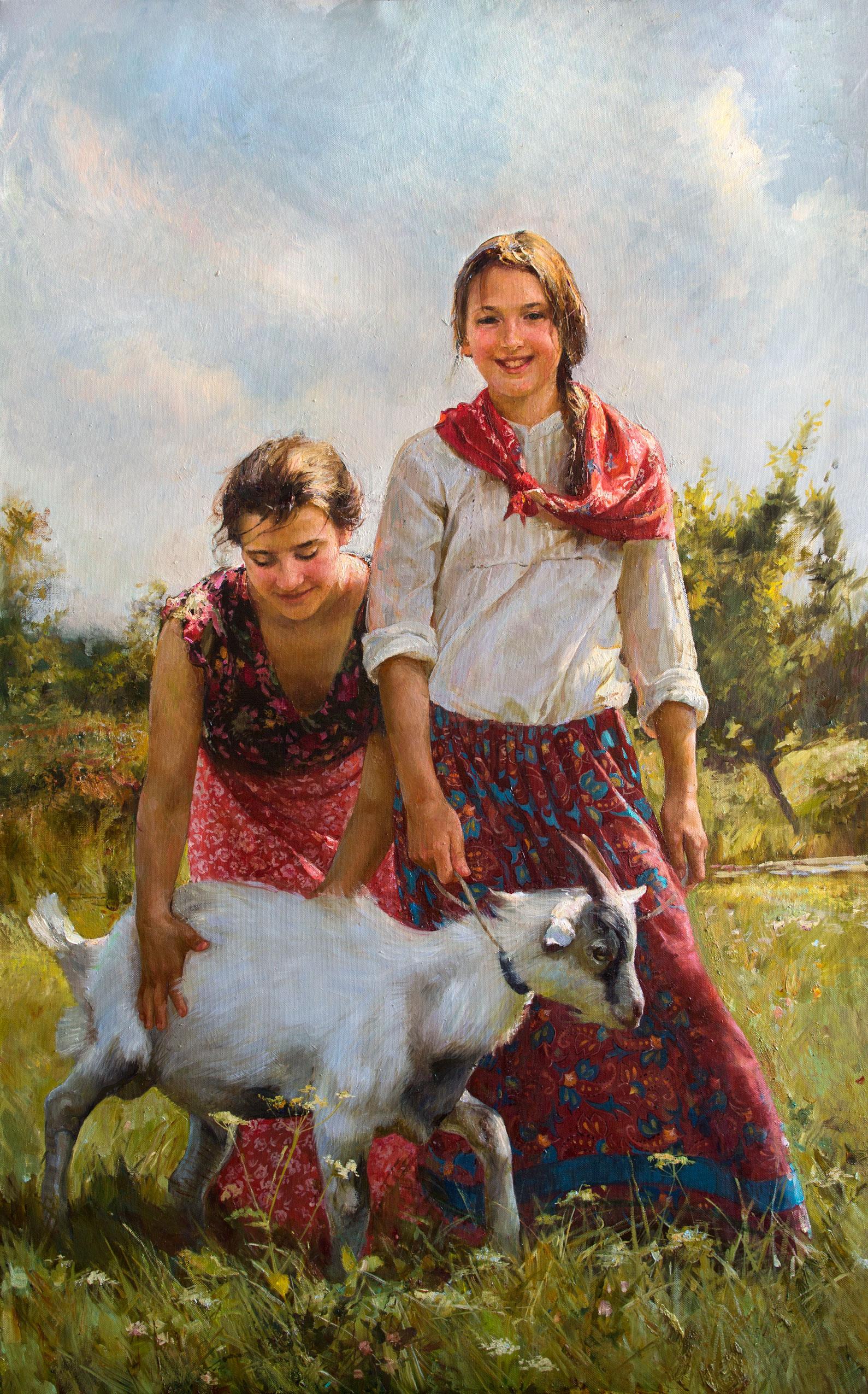 女孩与山羊. Original modern art painting