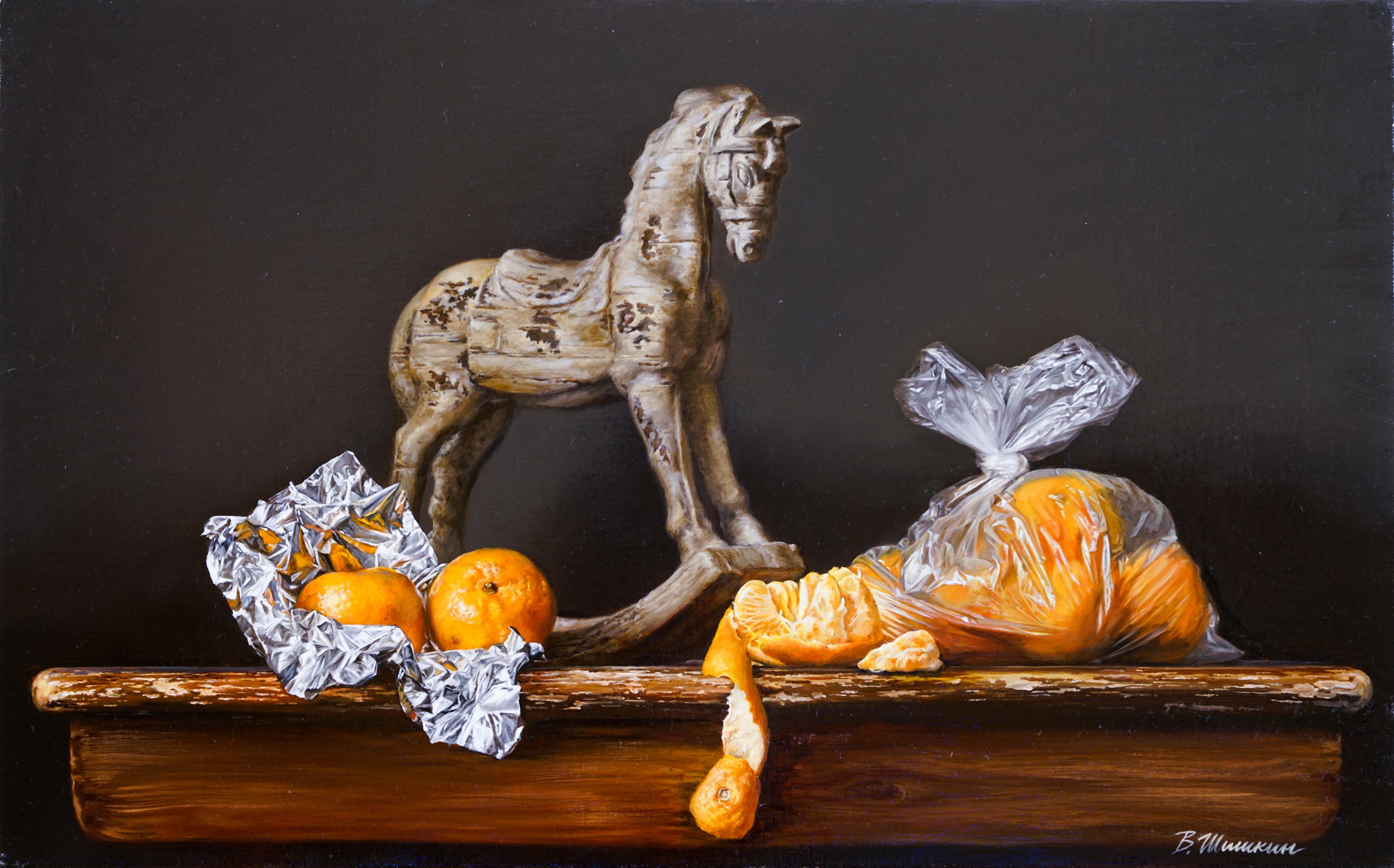 Still life with wooden horse. Original modern art painting