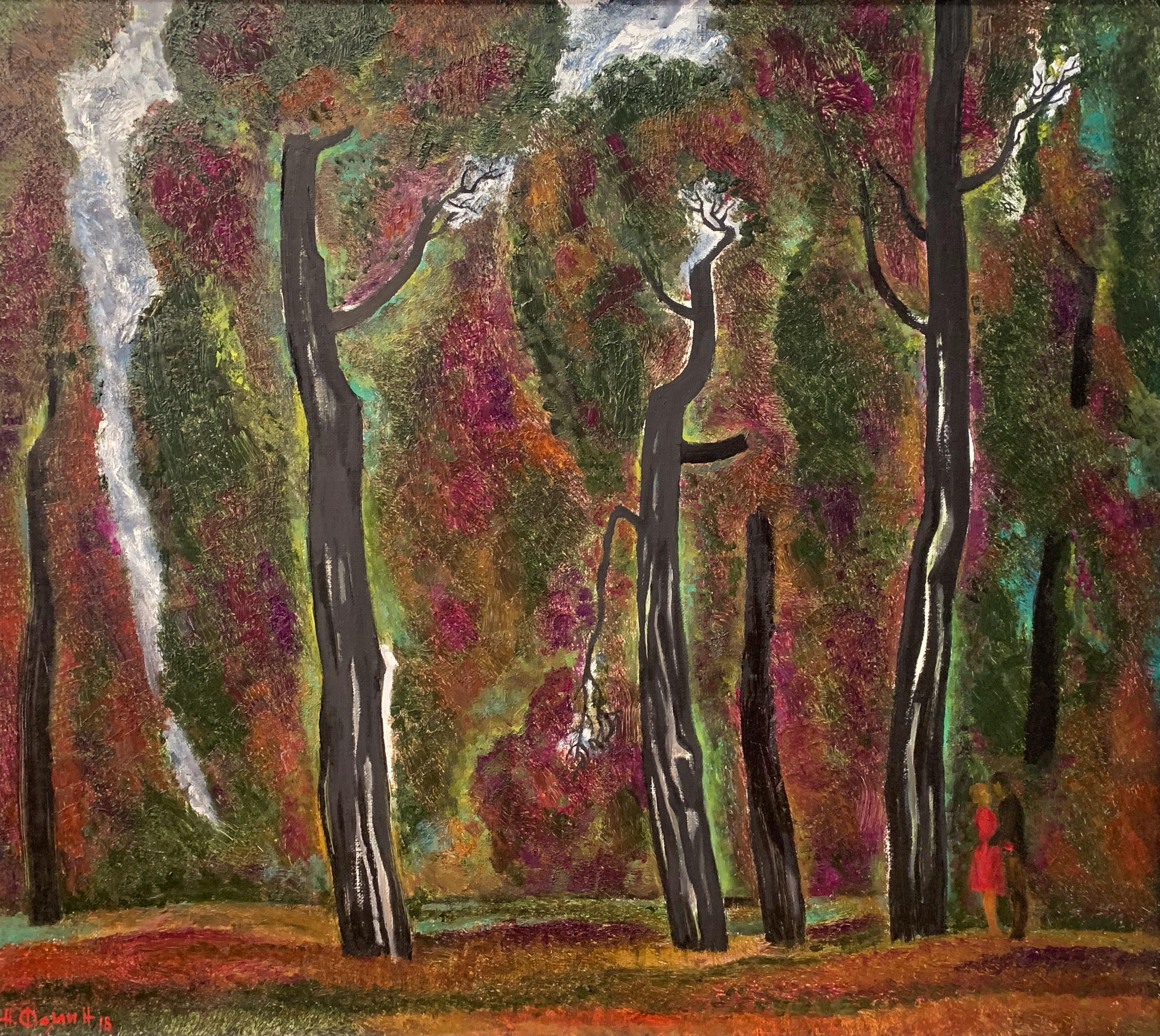 Bad weather in the park. Original modern art painting