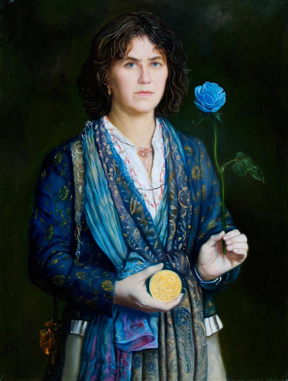 The portrait with blue rose and Paris medal. Original modern art painting