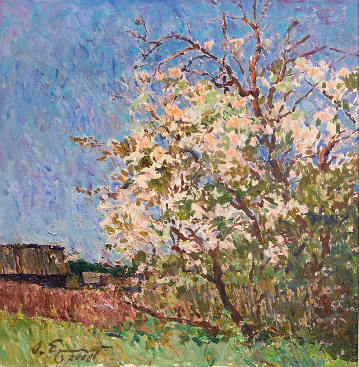 Apple trees flowering. Original modern art painting