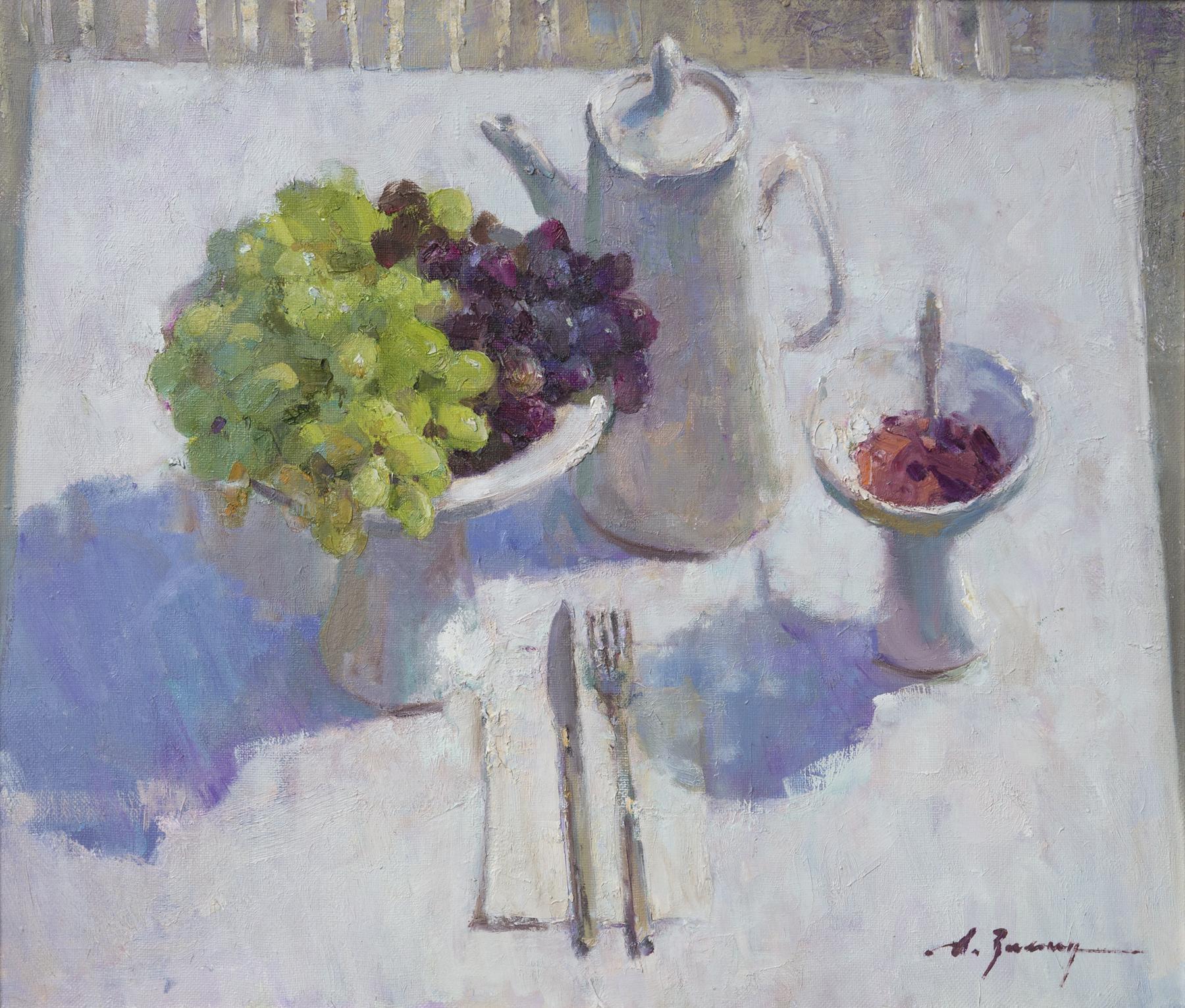 Vase with jam and grape. Original modern art painting