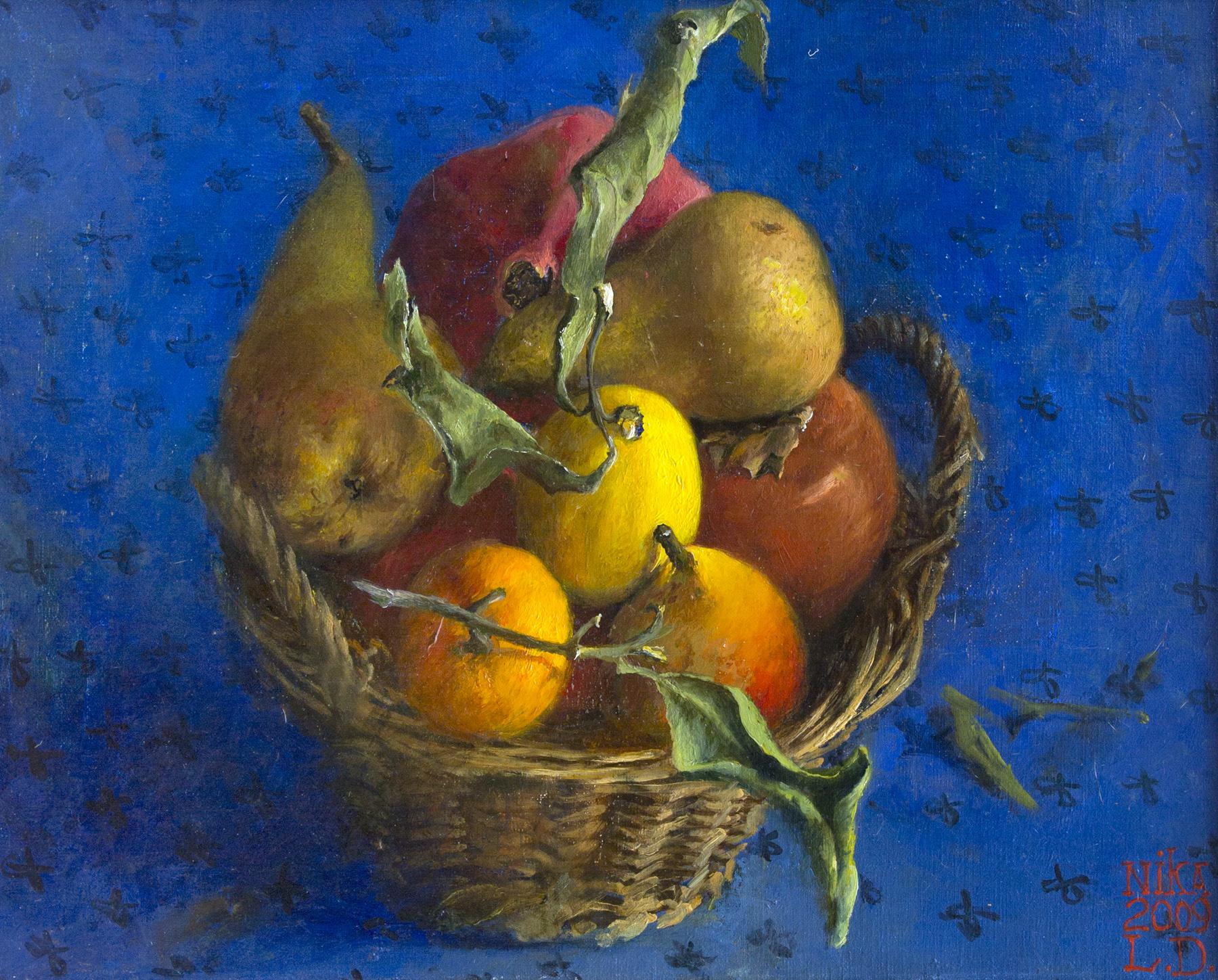 Basket with fruits on the cobalt background