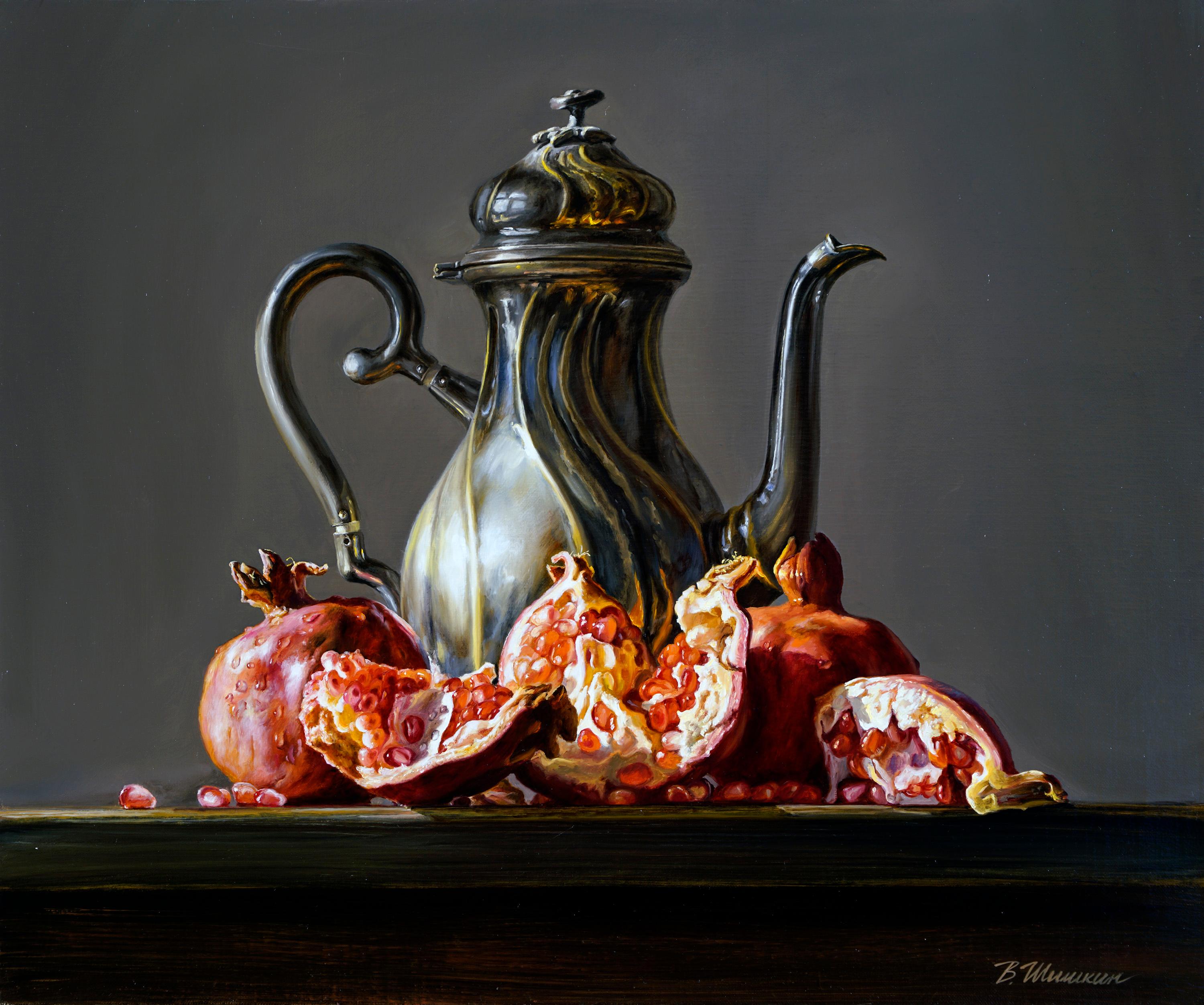 Kettle with pomegranates. Original modern art painting