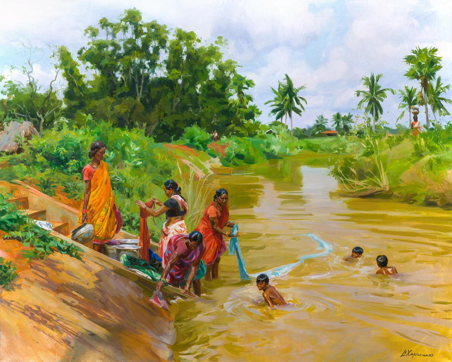Life near the river. Original modern art painting