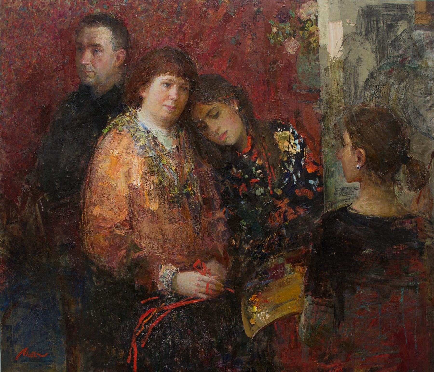 семья на красном фоне. Original modern art painting