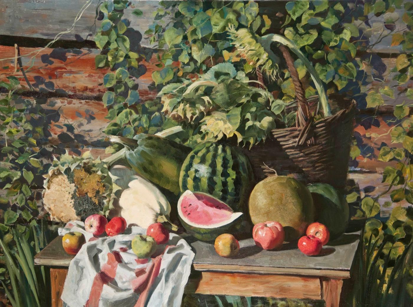 Still life with sunflowers and watermelon