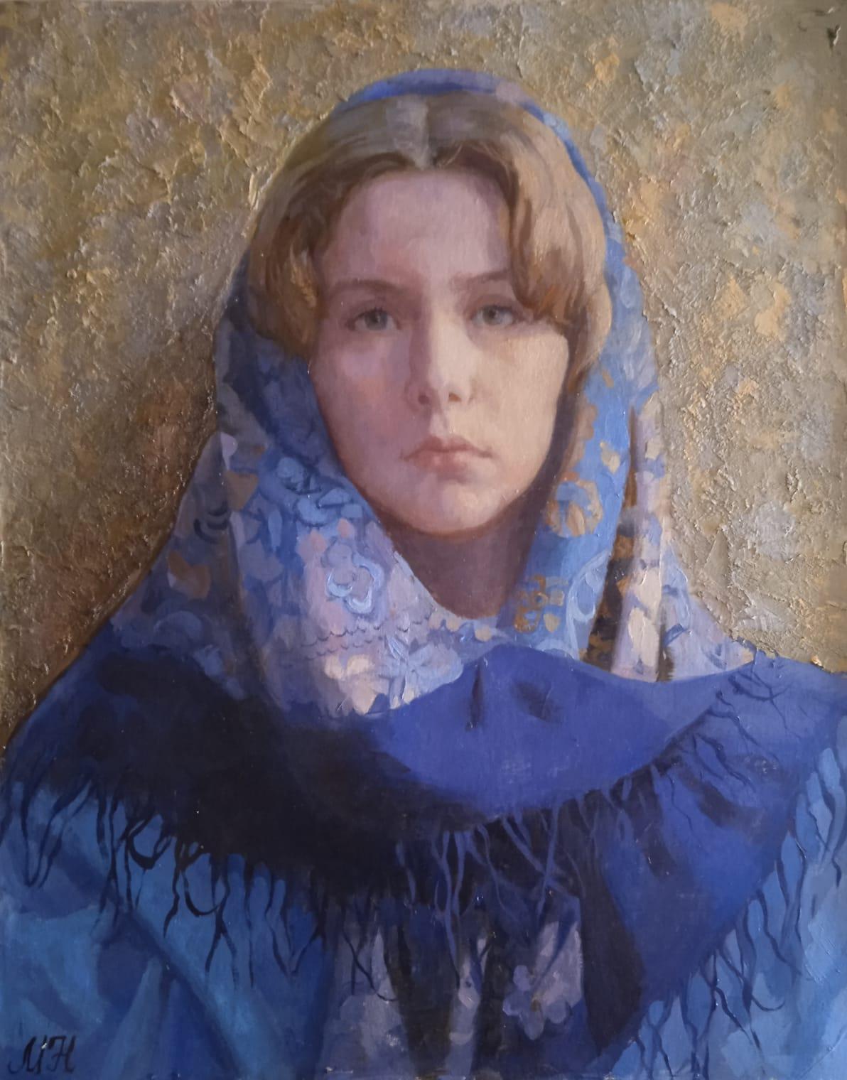 Young girl in a Russian headscarf. Original modern art painting