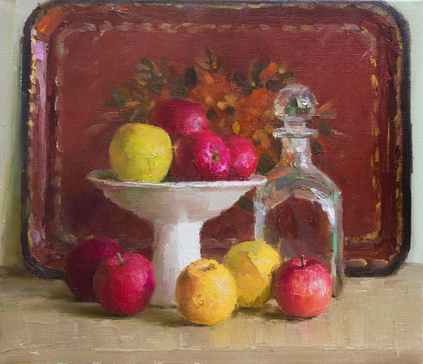 Still Life with a red tray. Original modern art painting