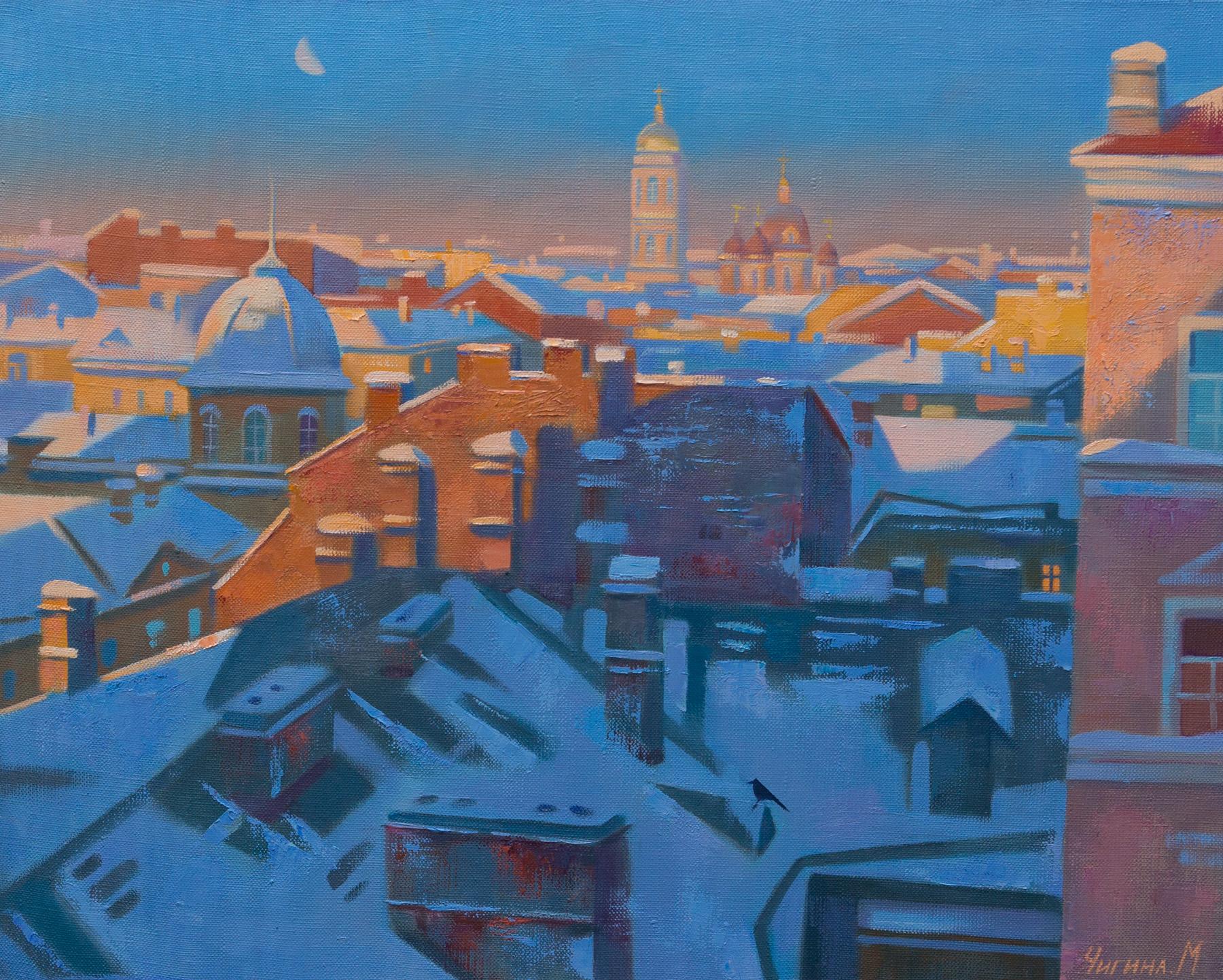 Winter in the city. Original modern art painting