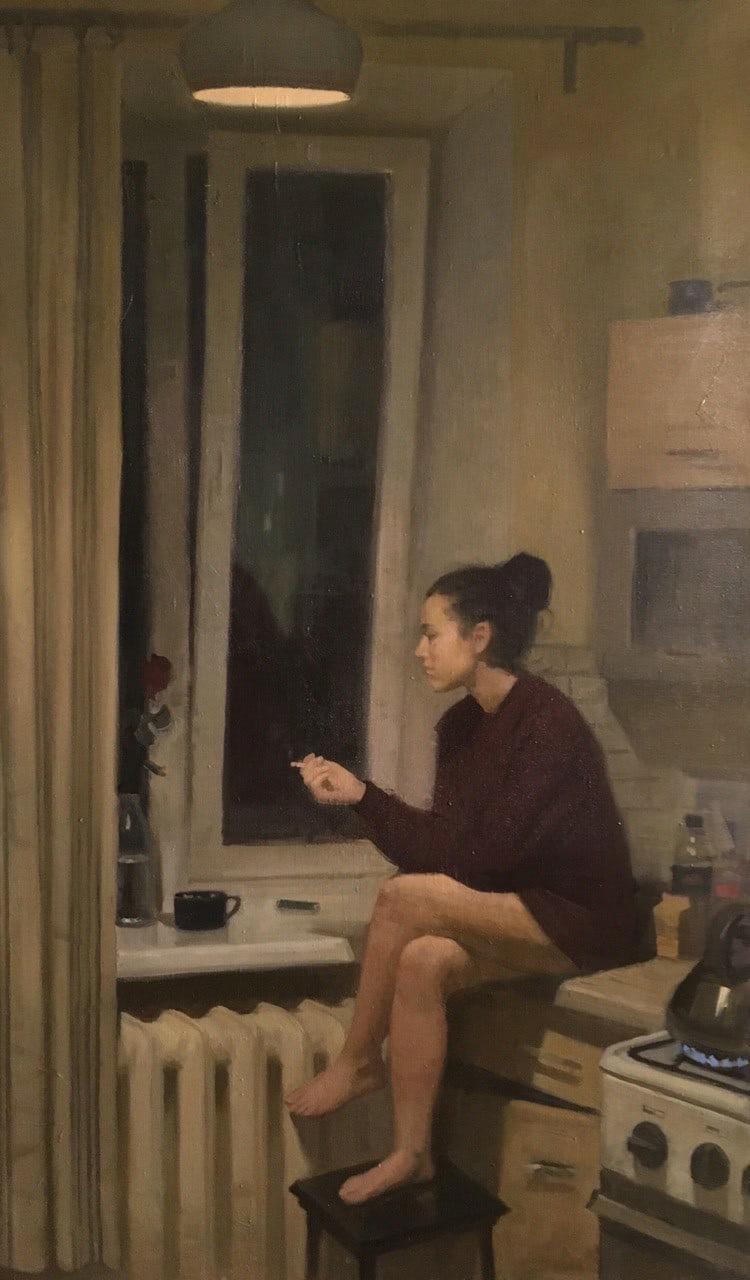 At the window. Original modern art painting
