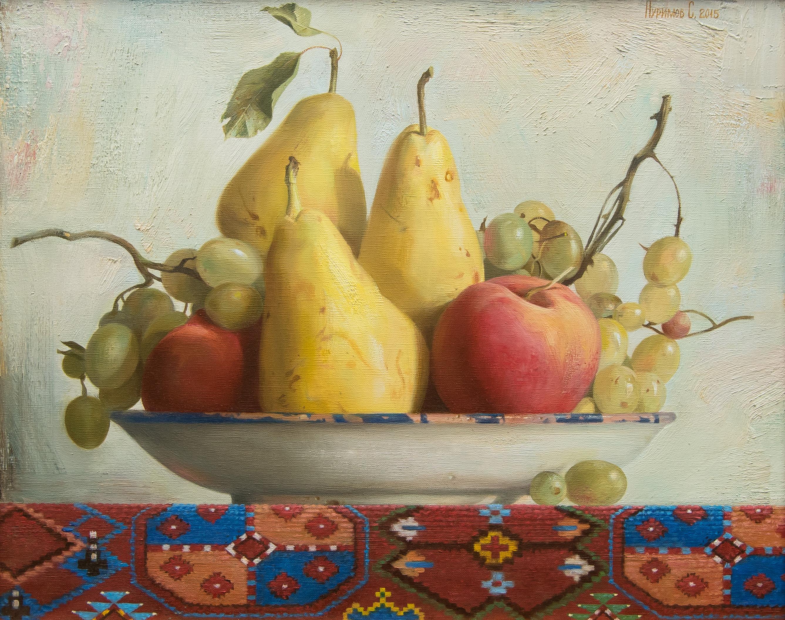 fruits and dish on the Kazakh carpet. Original modern art painting