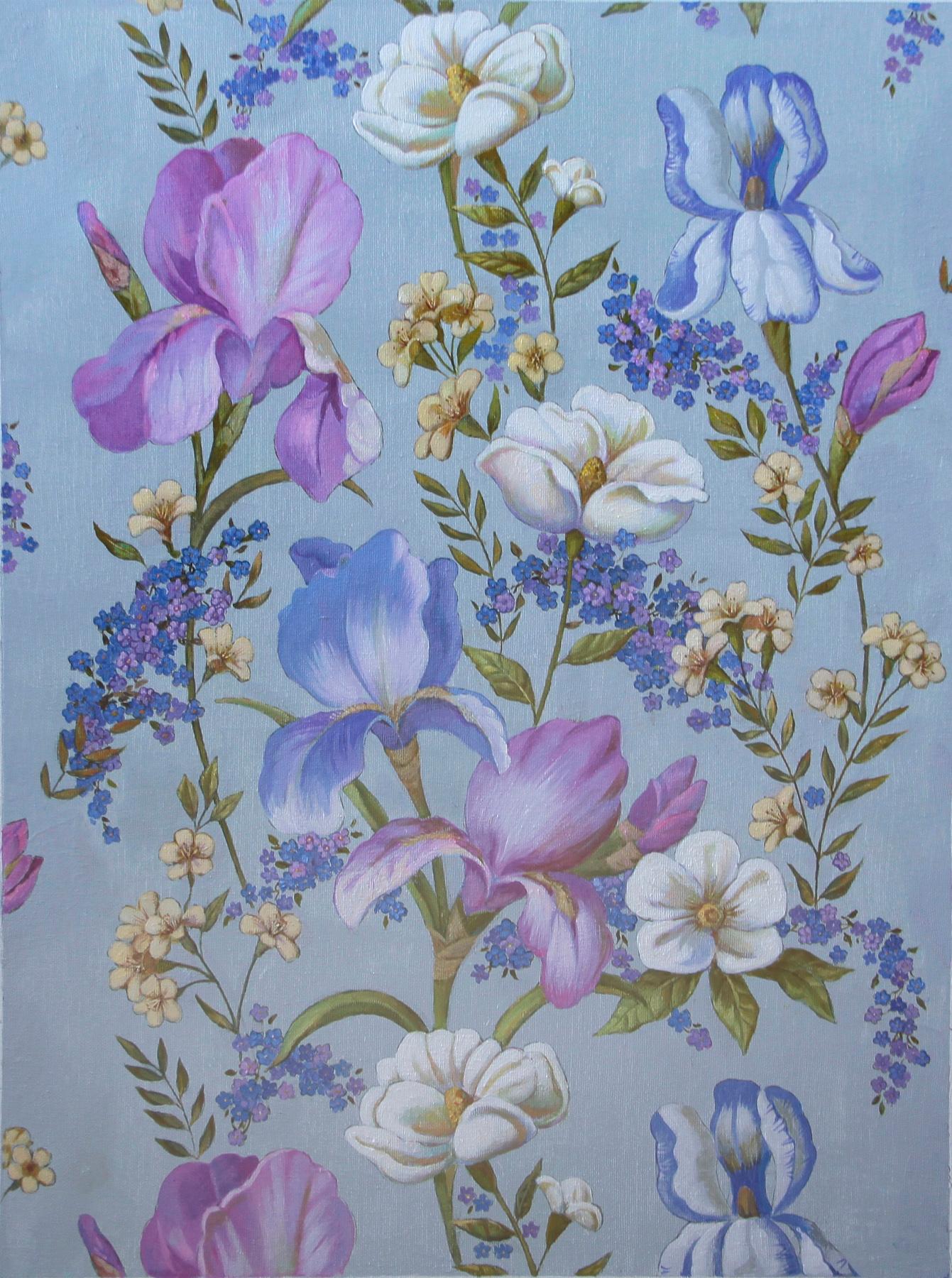 Decorative panel with irises. Original modern art painting