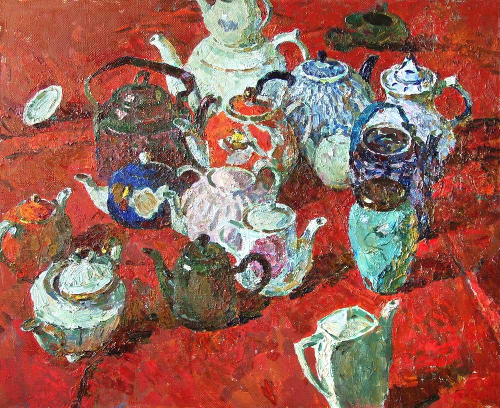Teapots and caddy. Original modern art painting