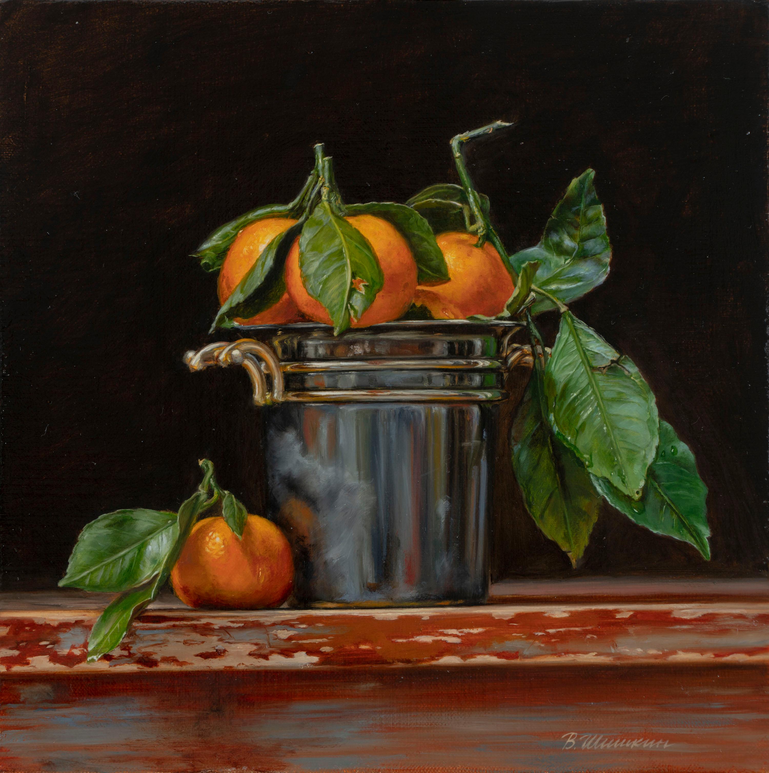 Tangerines in a bucket. Original modern art painting