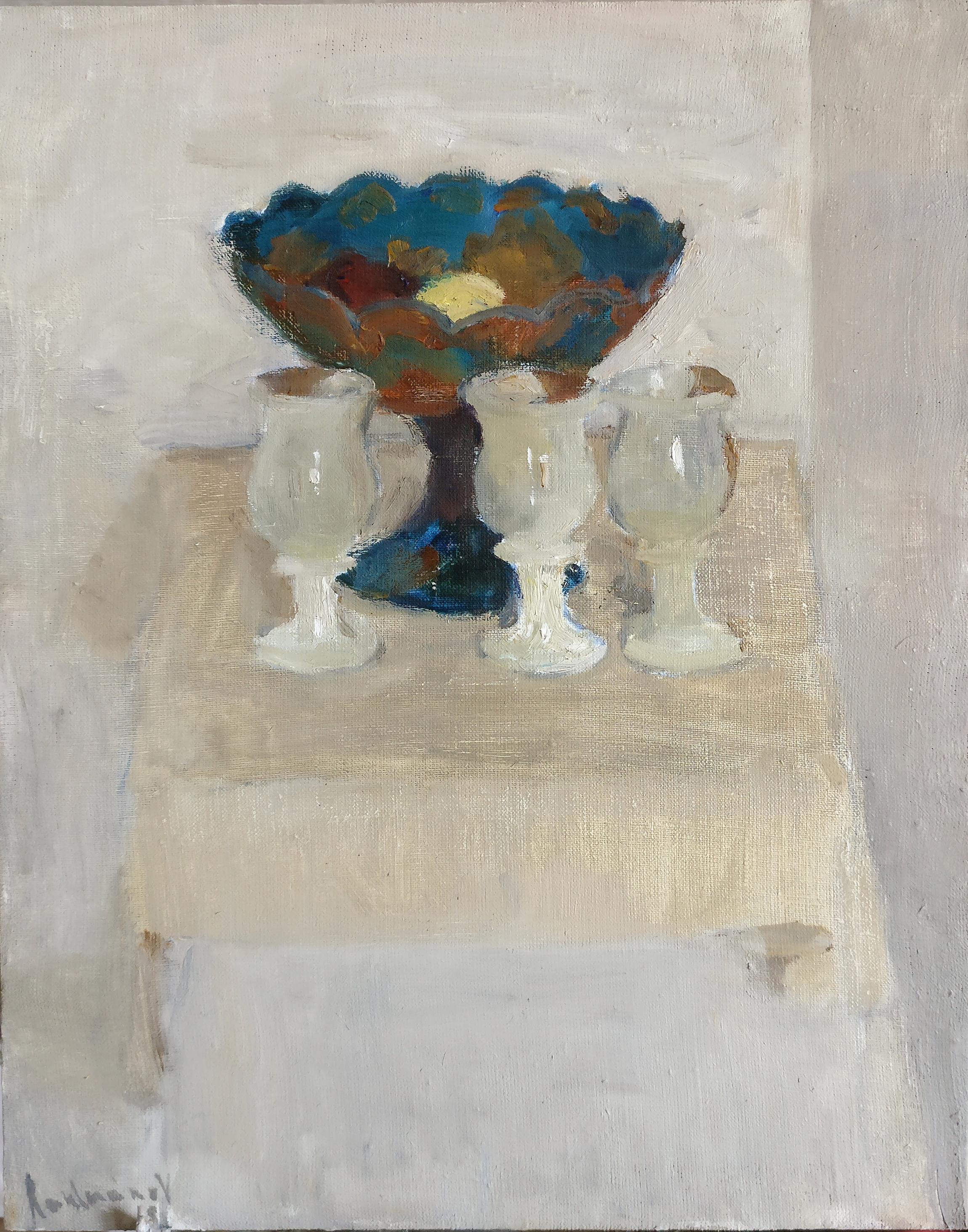 White composition with a vase. Original modern art painting