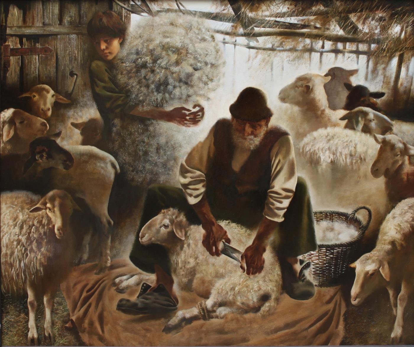 Sheep shearing. Original modern art painting