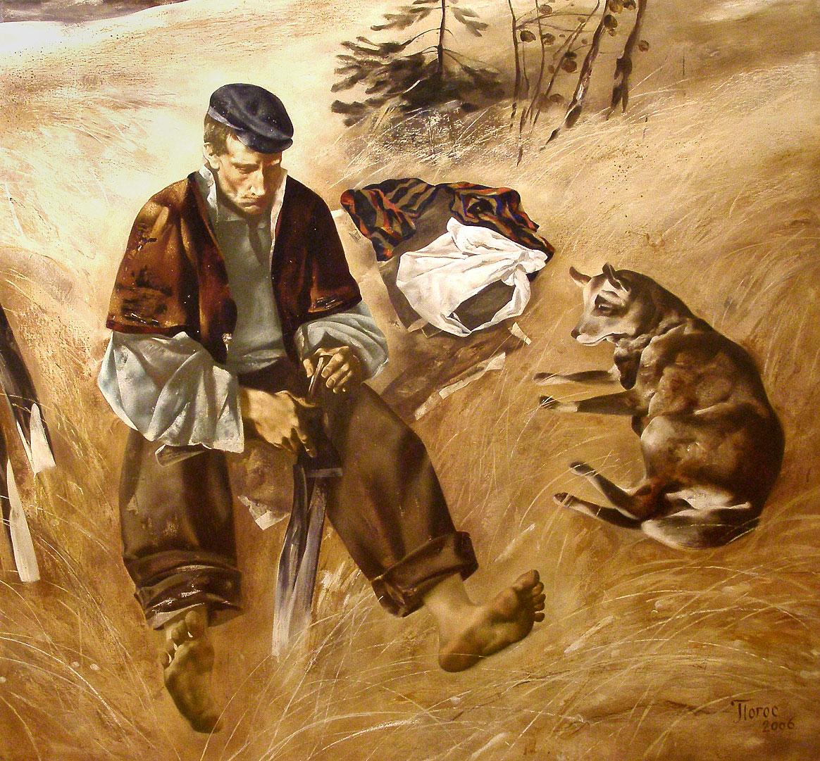 Old man with his dog. Original modern art painting